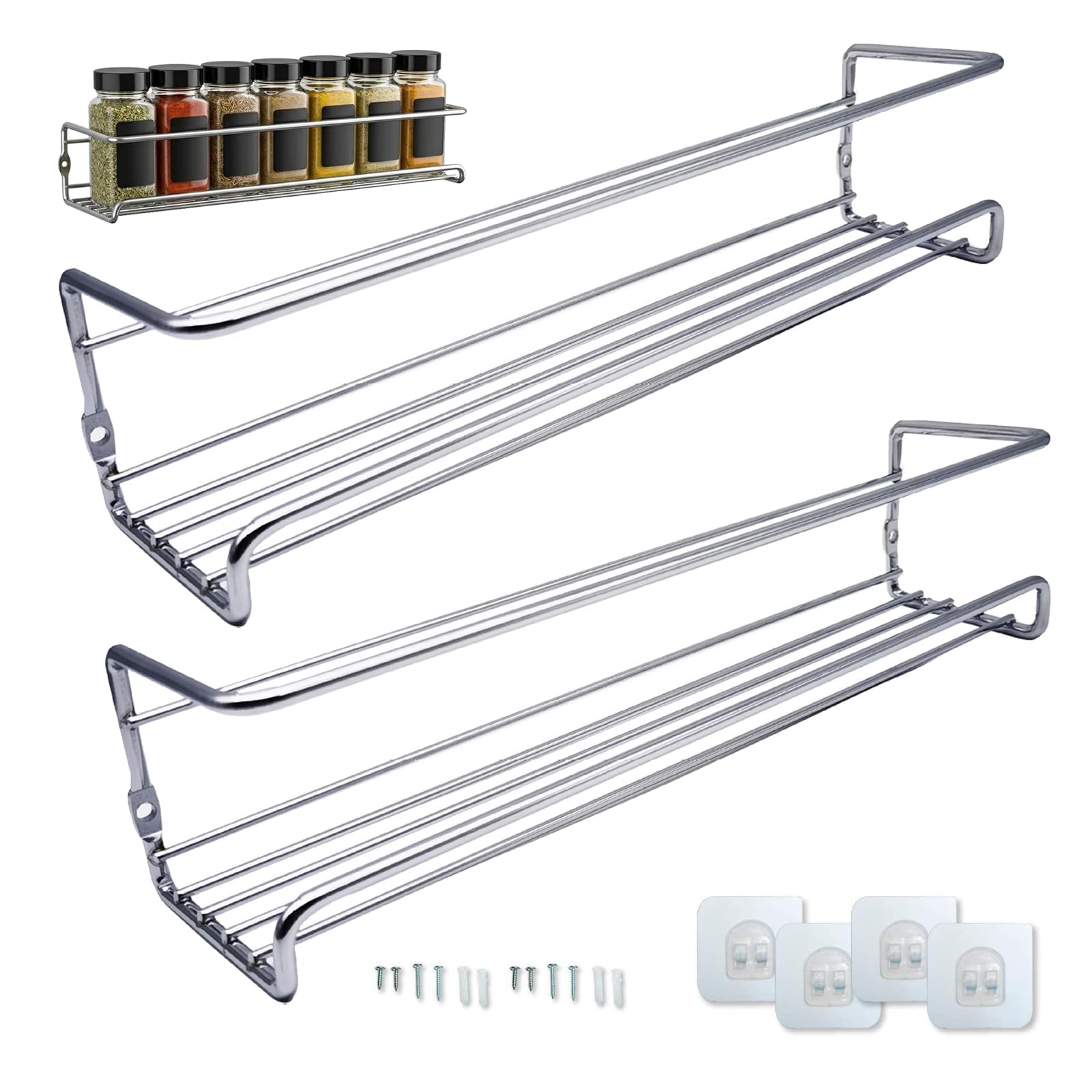 Carbon Steel Wall-Mounted Kitchen Spice Rack,Kitchen Hanging Condiments Storage,Heavy-Duty Space-Saving Metal Organizer,No-Drill Wall-Mounted Spice Rack for Cabinet Door or Wall (Silver*2) [並行輸入品]