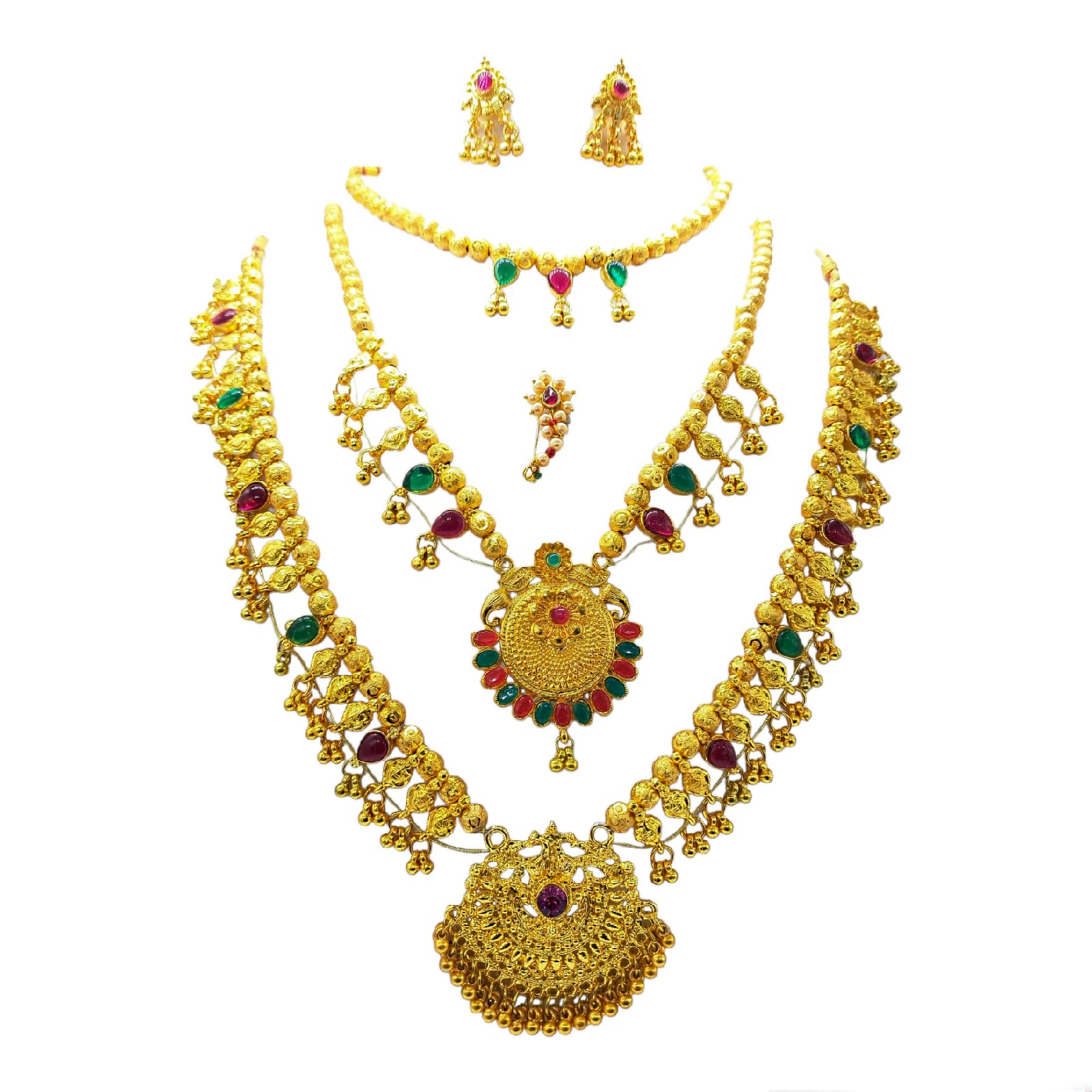 swaroop designer Set Of 3 Necklace Maharashtrian Marathi Traditional Wedding Jewellery Set With Kolhapuri Saaj Thushi Long Saaj Earring Combo For Bride Jewellery For Women-picture-20