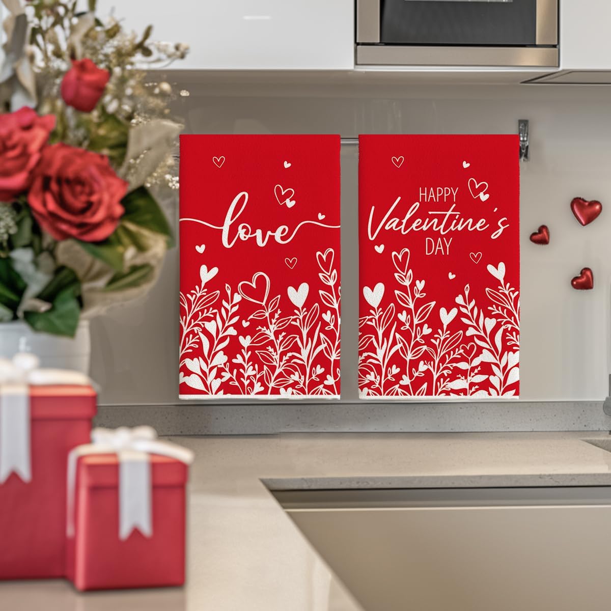 Artoid Mode Red Love Heart Floral Leaves Valentine's Kitchen Towels Dish Towels, 18x26 Inch Anniversary Wedding Decoration Cleaning Set of 2 - Image 4