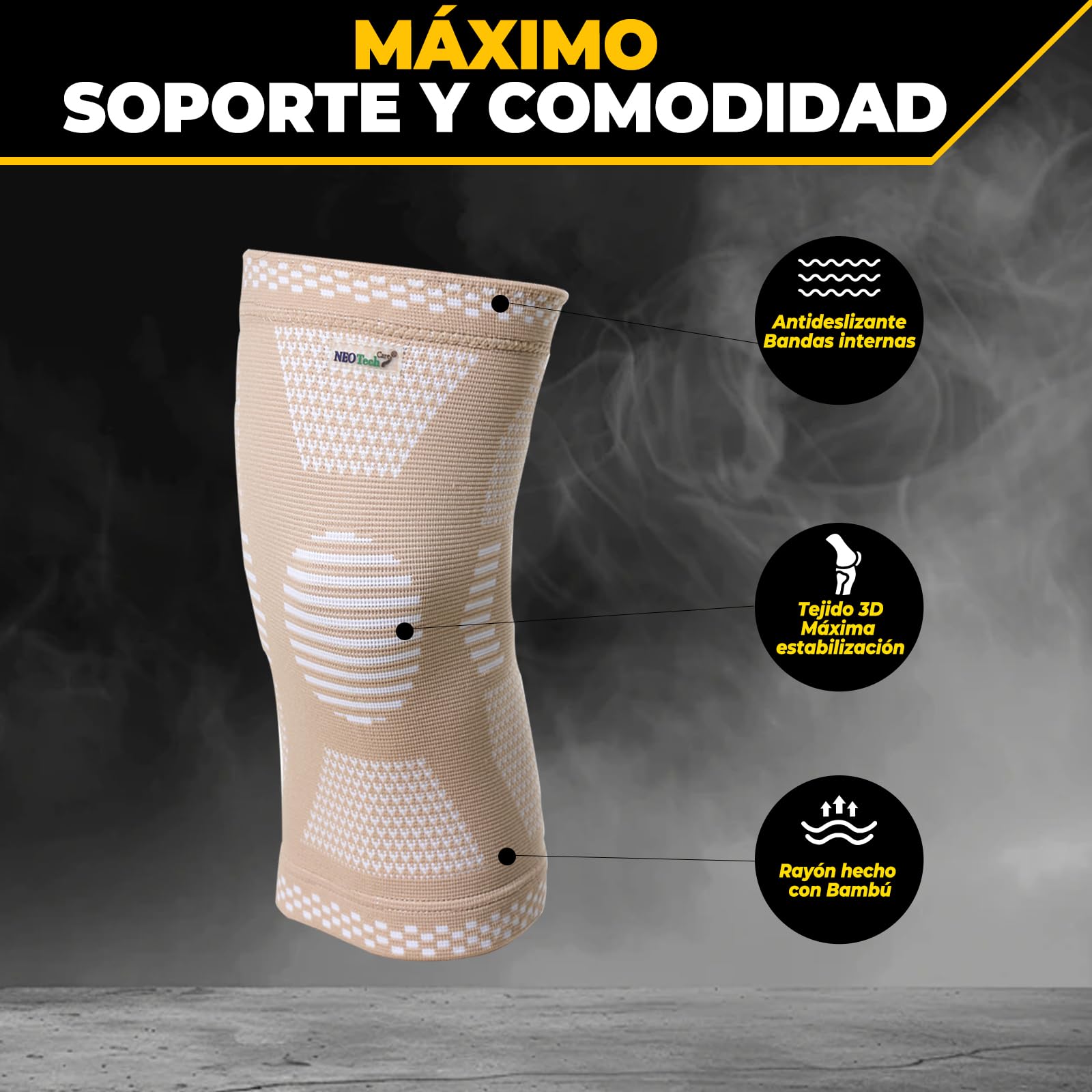 NEOtech Care Rodillera de fibra de bambú, Material ligero, elástico, cómodo y transpirable - Para hombre o mujer - Rodilla derecha o izquierda (Beige, Talla L, 1 Unidad)