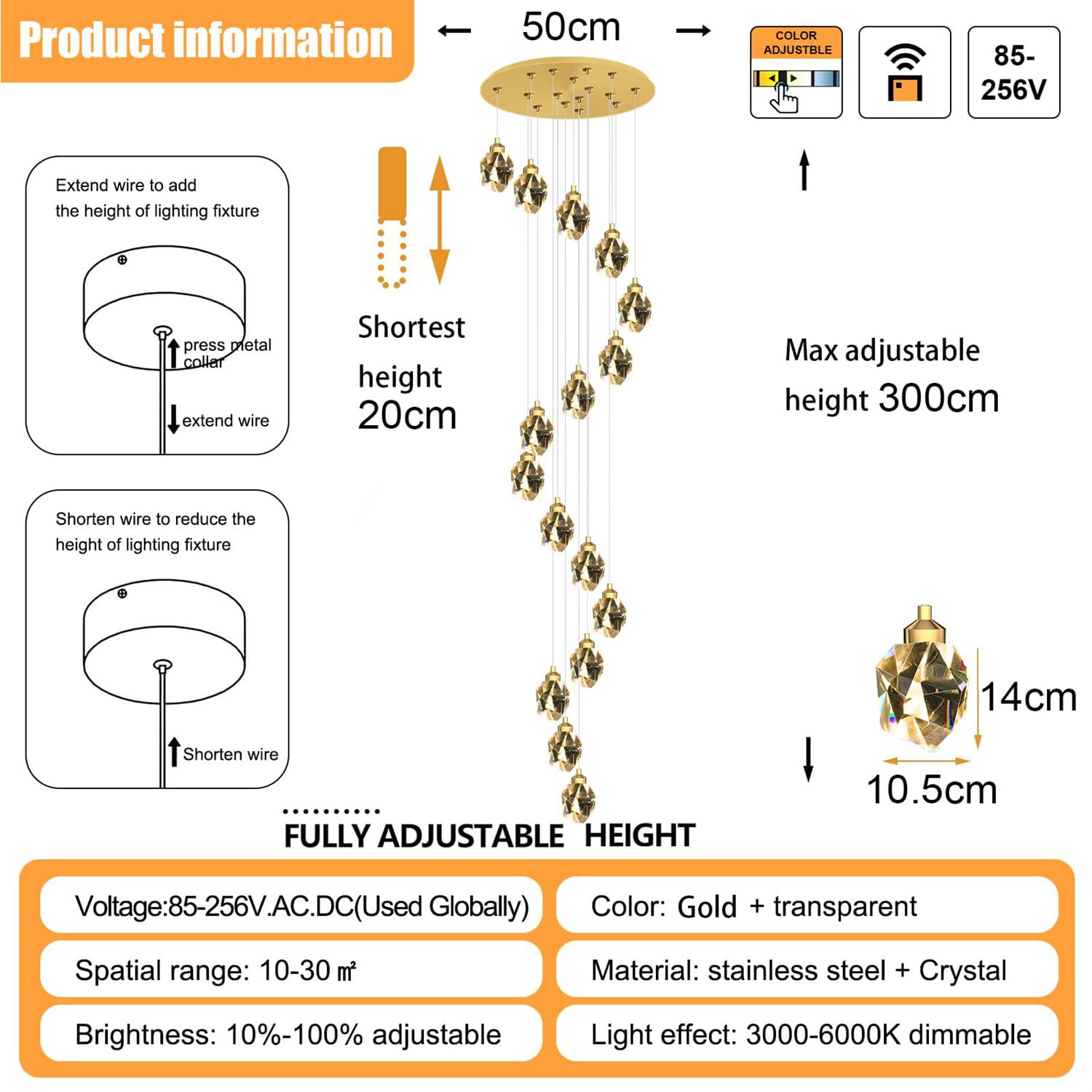 Lámpara de araña LED Regulable de Cristal de 3000-6000 K para Sala de Estar - Lámpara Colgante Dorada de 16 Luces para Escalera de Caracol de 300 cm de Largo para vestíbulo con ent