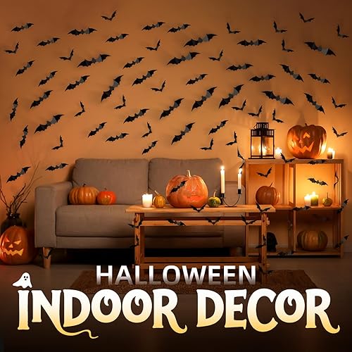 Miniatura 11 de Decoración rosa de Halloween, suministros de fiesta de Halloween, calcomanías espeluznantes para pared, murciélagos 3D, bonitas decoraciones