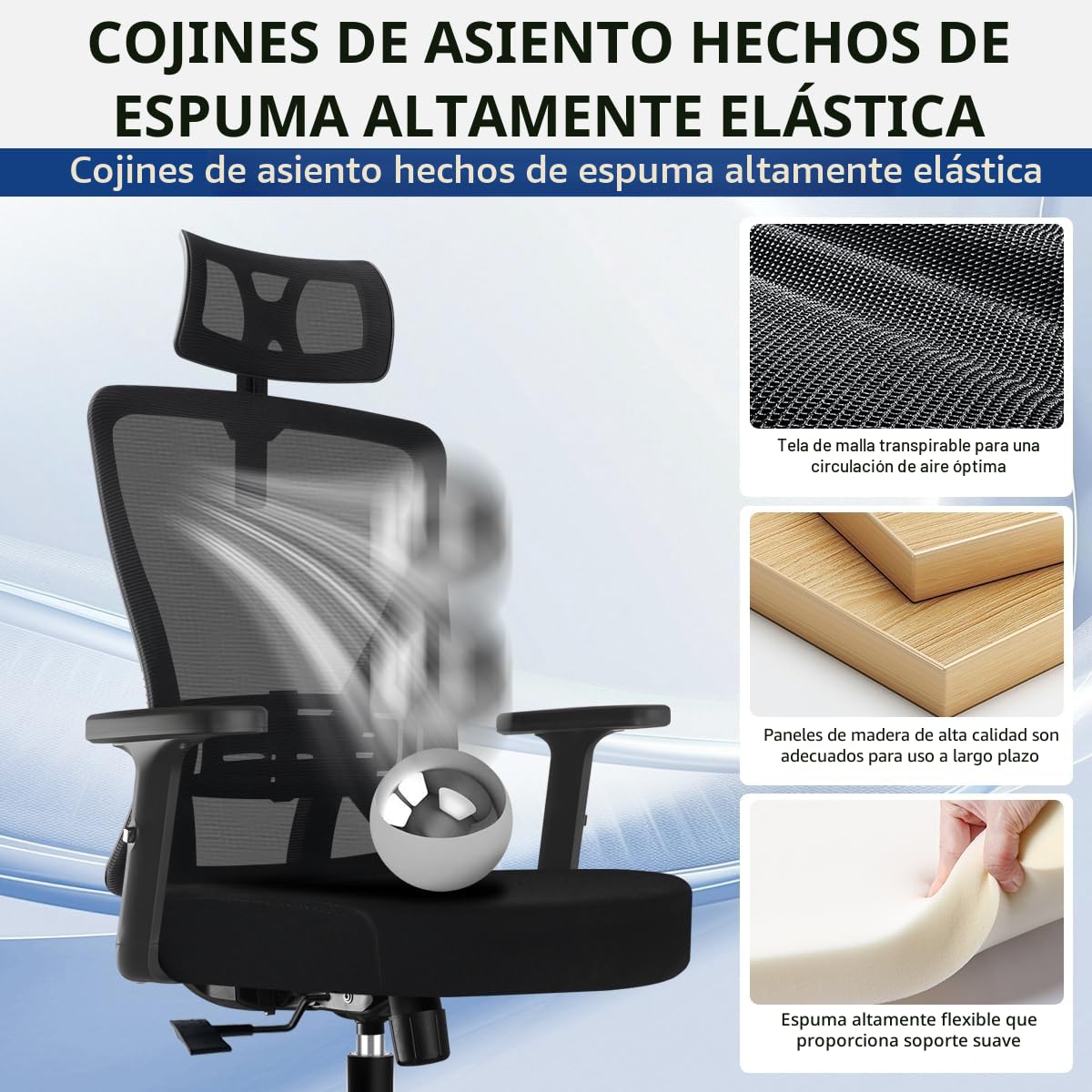 Durrafy Silla de Oficina Ergonómica, Reposacabezas y Soporte Lumbar Ajustables, Malla Transpirable, 120° Inclinación（No se Puede Bloquear）, 360° Giratoria, Carga 150kg. (Negro)