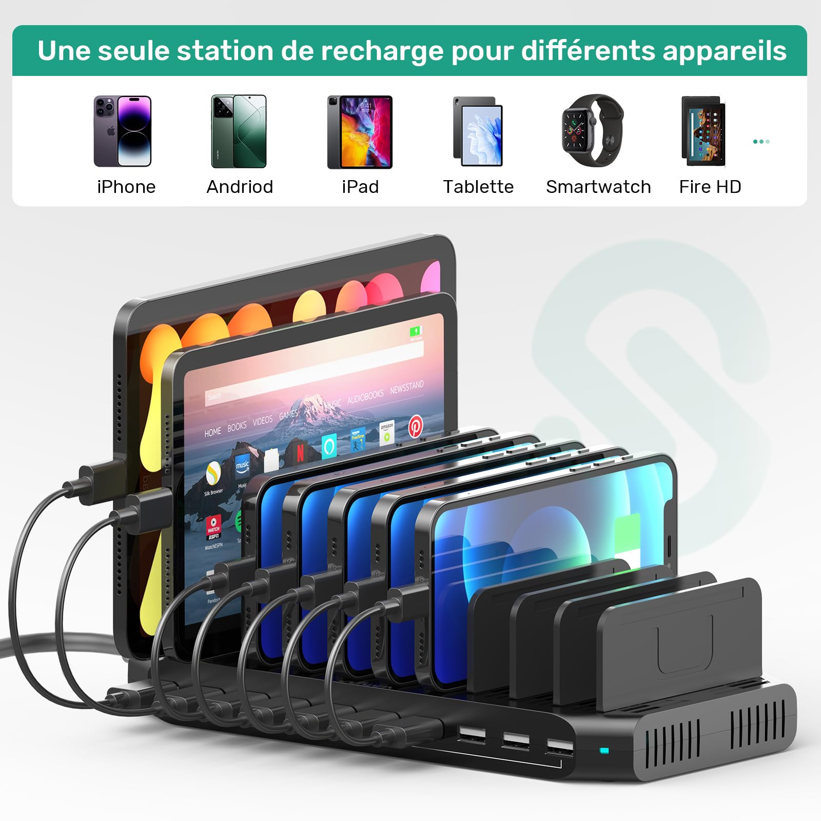 SUIDEK Station de Charge Multi Appareils 10 Ports, 60W Station de Charge USB avec Séparateurs Réglables, Station de Chargement USB pour Tablettes et Smartphones