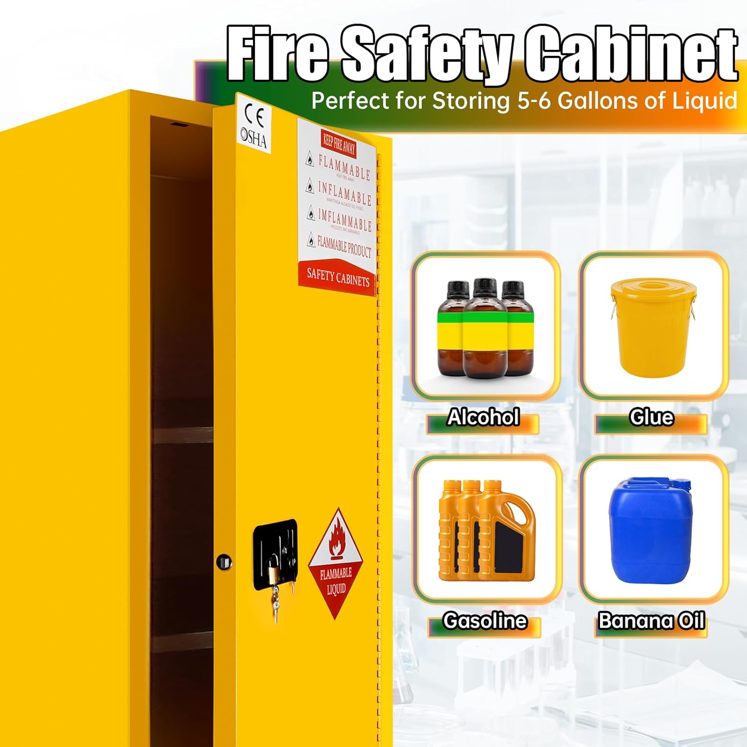 Flammable Material Safety Cabinet, 64.9 "Hx23.22 Dx18.11 W Adjustable Shelf, Three-Point Locking System, 2-inch deep Leak-Proof Slot, Yellow, Suitable for Factories and Laboratories