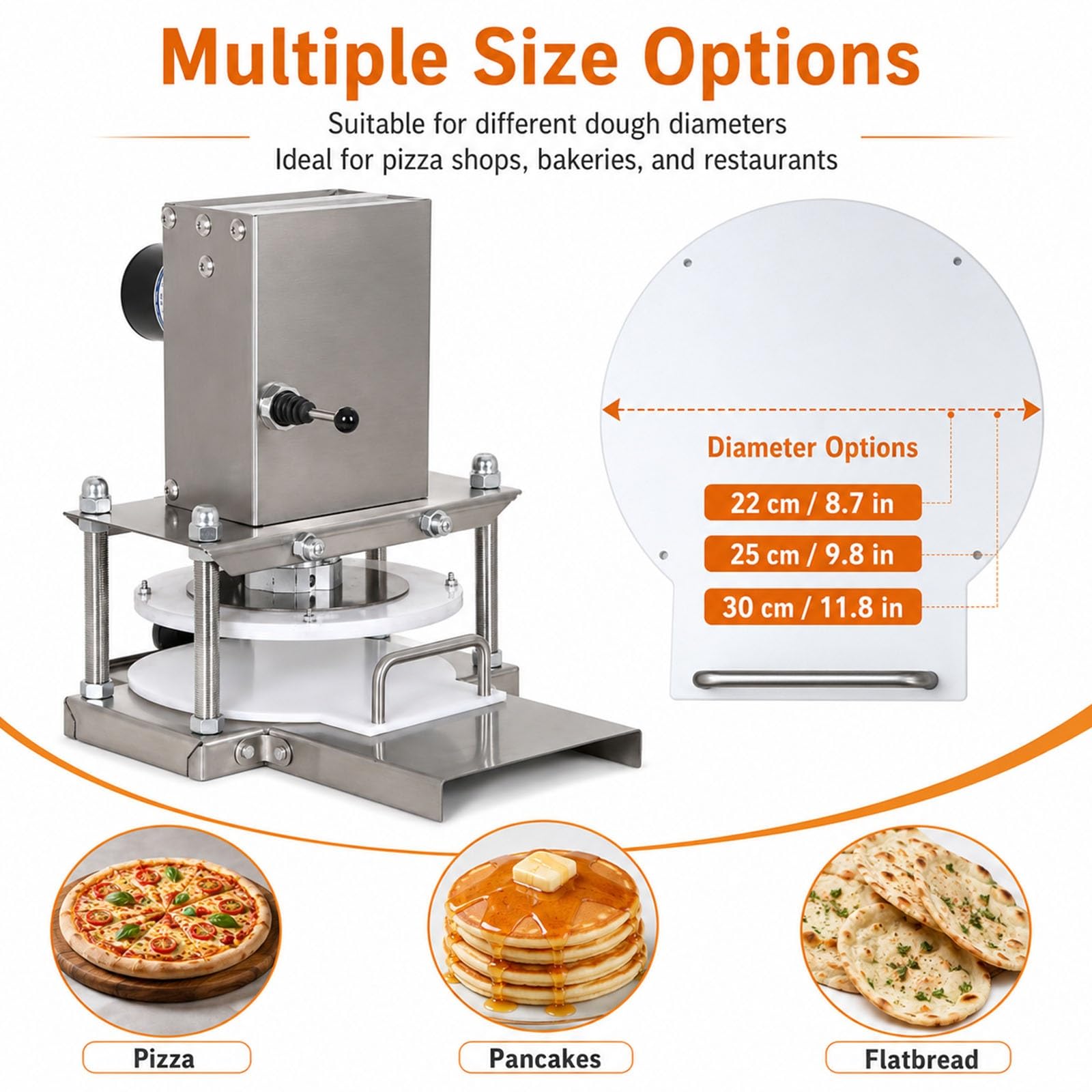 Pressa Elettrica Professionale per Impasto Pizza, Tortilla E Polpettone | Rullo per Pizza Ad Alta Velocità, 400 Pezzi, Fino a 22/25/30 Cm, Acciaio Inossidabile, Interruttore a LEVA(22cm)