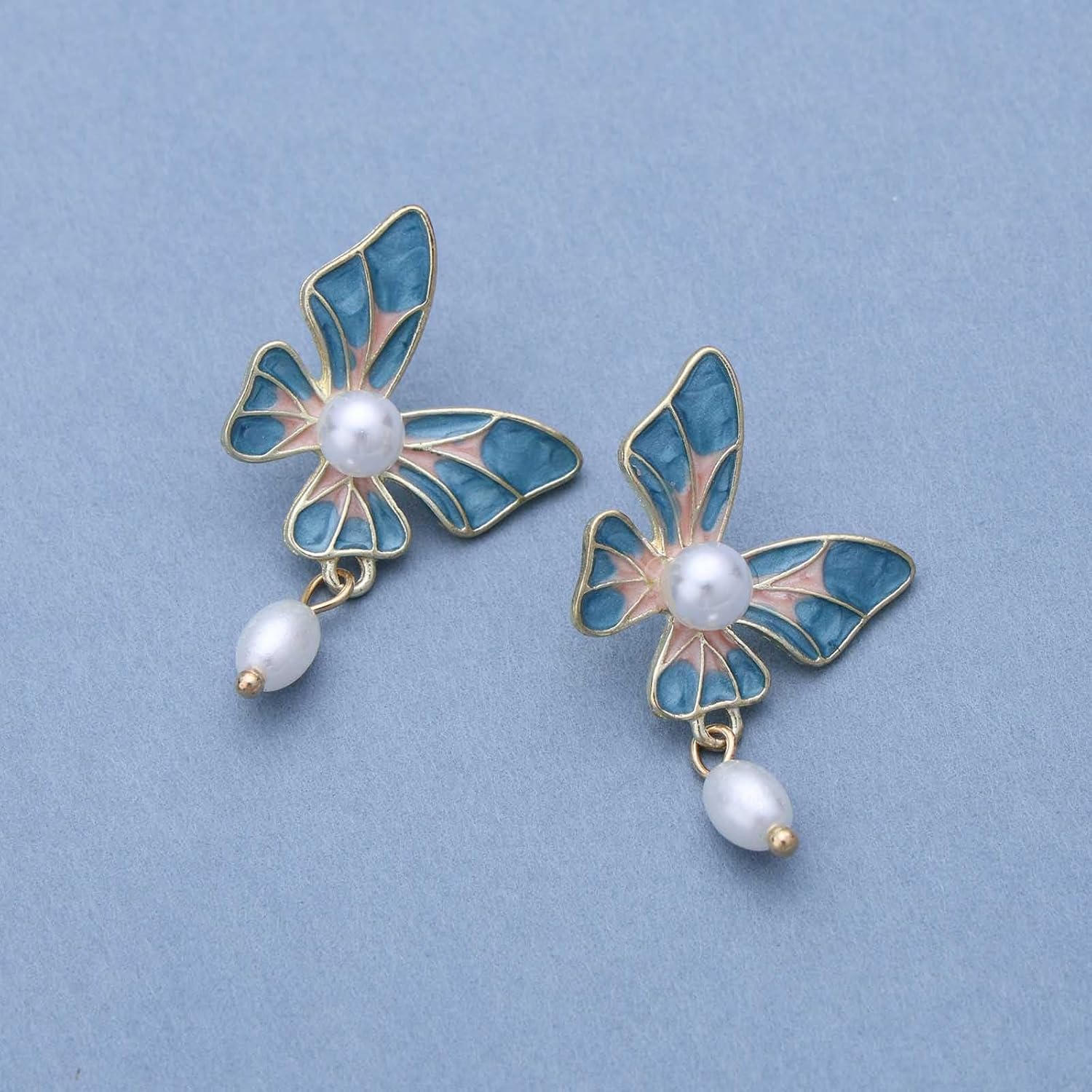 Bohemian Butterfly Pearl Dangle Earrings Pink Butterfly Pearl Drop Earrings Blue Enamel Butterfly Stud Earrings Butterfly Pearl Earrings Jewelry for Women - Image 6