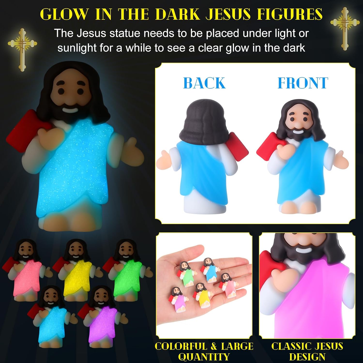 CroBlissful 30 Sets Mini Jesus Figurines Bulk Christian Glow in The Dark with Let Your Light Shine Cards for Christian Sunday School Religious Party Favor Halloween(Holding A Book) image 2