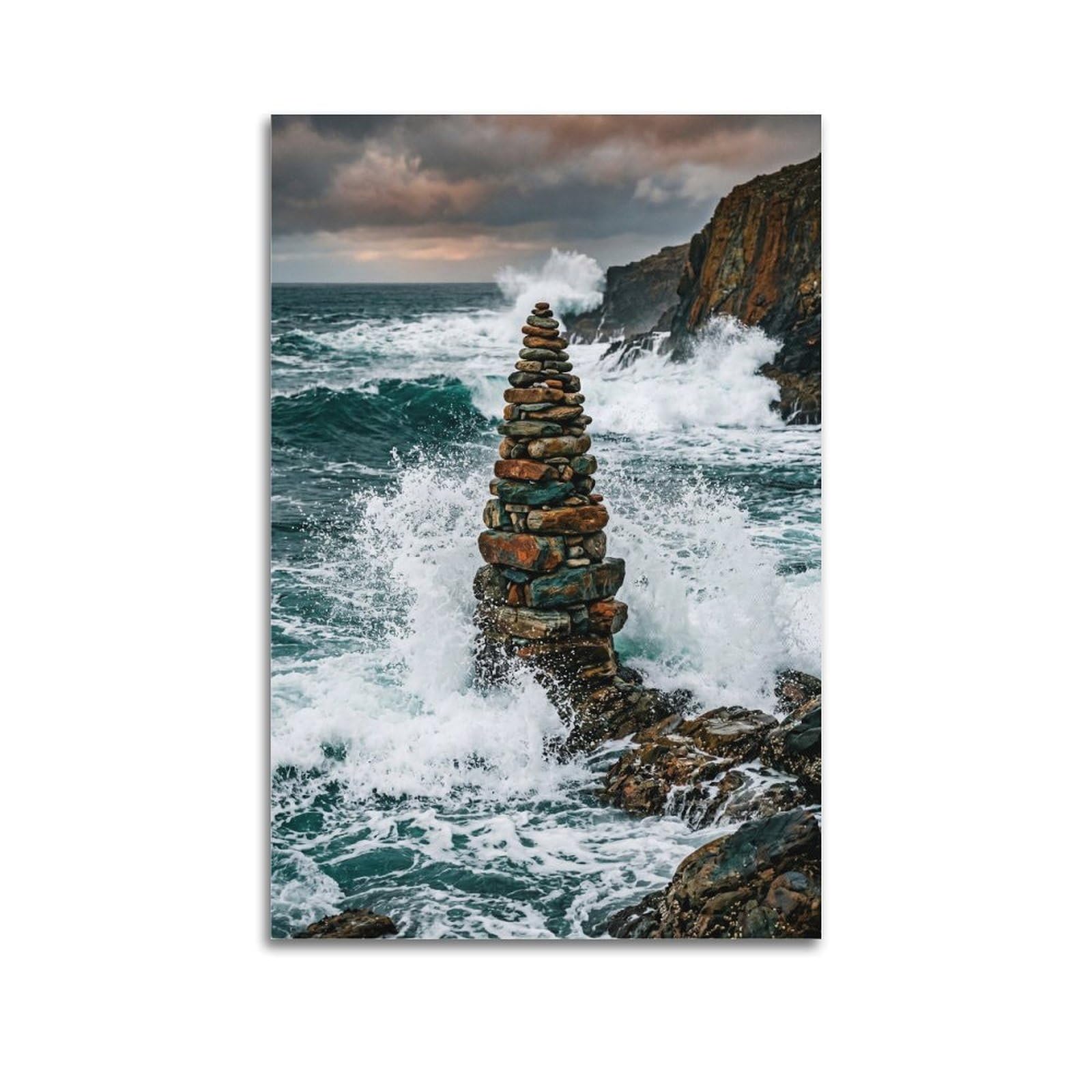 XKUGA Nature Balance Poster Ocean Cairn Storm Waves Healing Serenity Modern Decorative Canvas Prints - Ideal Wall Art for Family, Man Cave, Game Room, Boys & Girls Bedroom 24x36inch(60x90cm)