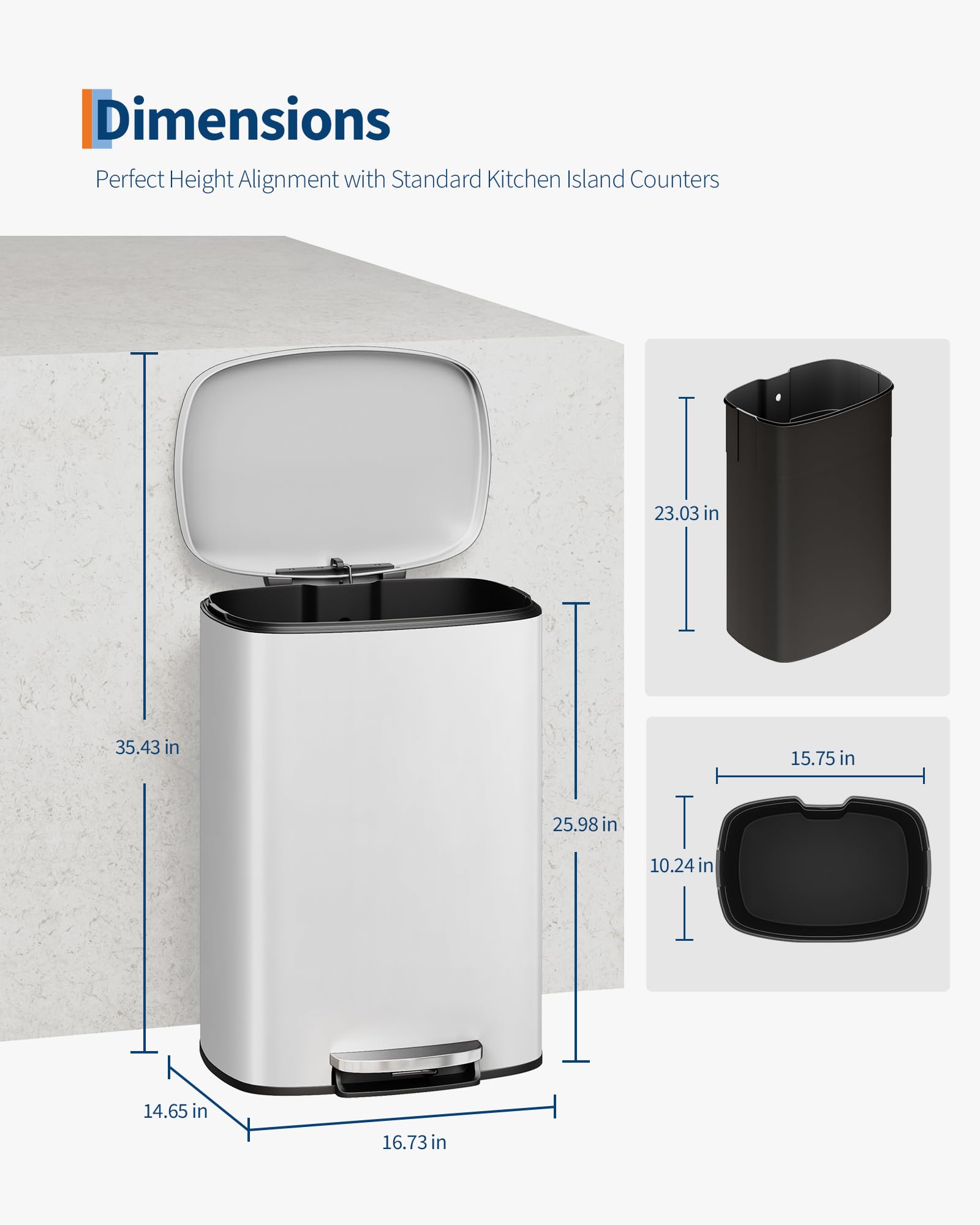 Edelstahl Mülleimer 50L mit Soft Close | 50L Tretmülleimer mit geruchsdichtem Deckel und herausnehmbarem Inneneimer. Ideal für Küche und Bad