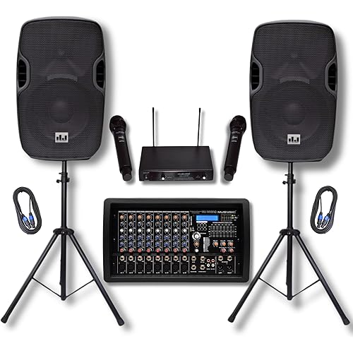 MUSYSIC PA15-MX800 Professional PA System – 8 Channel Audio Mixer with Built-in 4500 W Amplifier 15” Studio Wireless Speakers Bluetooth/USB/SD/FM UHF Wireless Microphone System Stands Pair