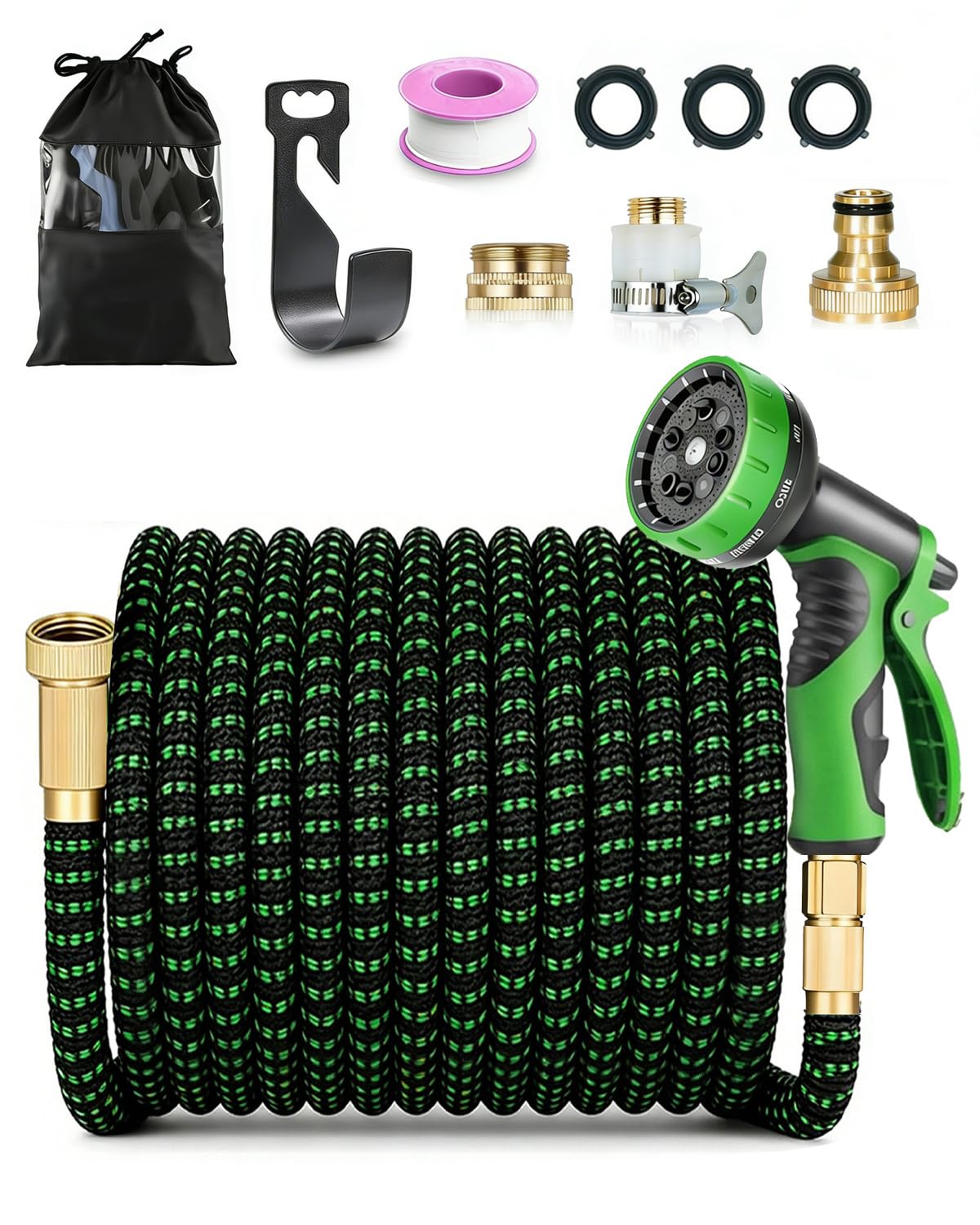 Flexible Garden Hose 150FT/45M, Expandable Water Pipe with 10-Function Spray Nozzle, Durable 4-Layer Latex Core, Leakproof 1/2" & 3/4" Connectors for Garden Watering & Car Cleaning, Black & Green