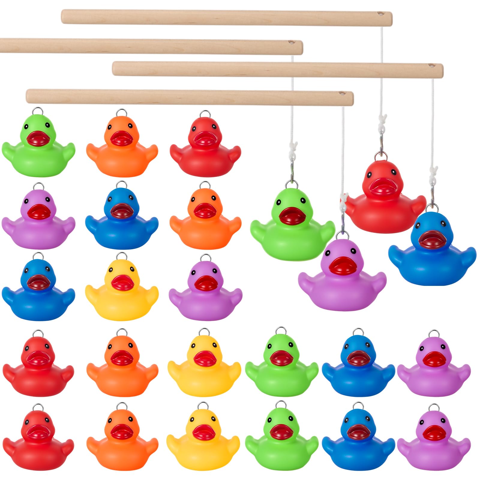 Civaner 28 Pcs Duck Pond Matching Carnival Game Hook a Duck Set Rainbow Rubber Ducks with Hanging Loop Pole Line Fun Memory Water Outdoor Game for Wedding Birthday Party Family Backyard Activity