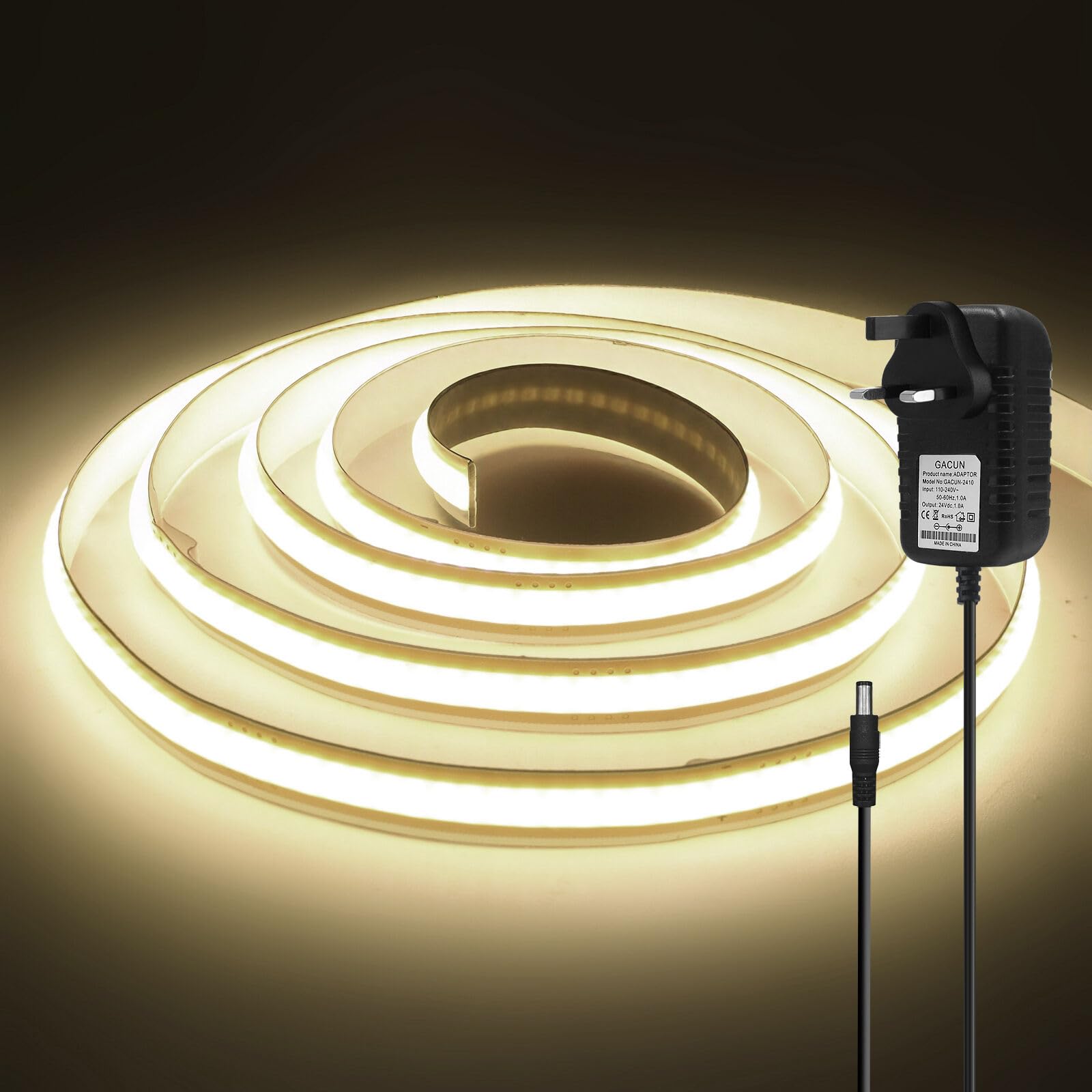 12V COB LED Strip, 8MM 400 LEDs/m Free Cut Non Waterproof High Density Strip Light Rope Light for Bedroom, Kitchen, TV Backlight, Wardrobe, Home Lighting Decor.(Include Power Adapter)