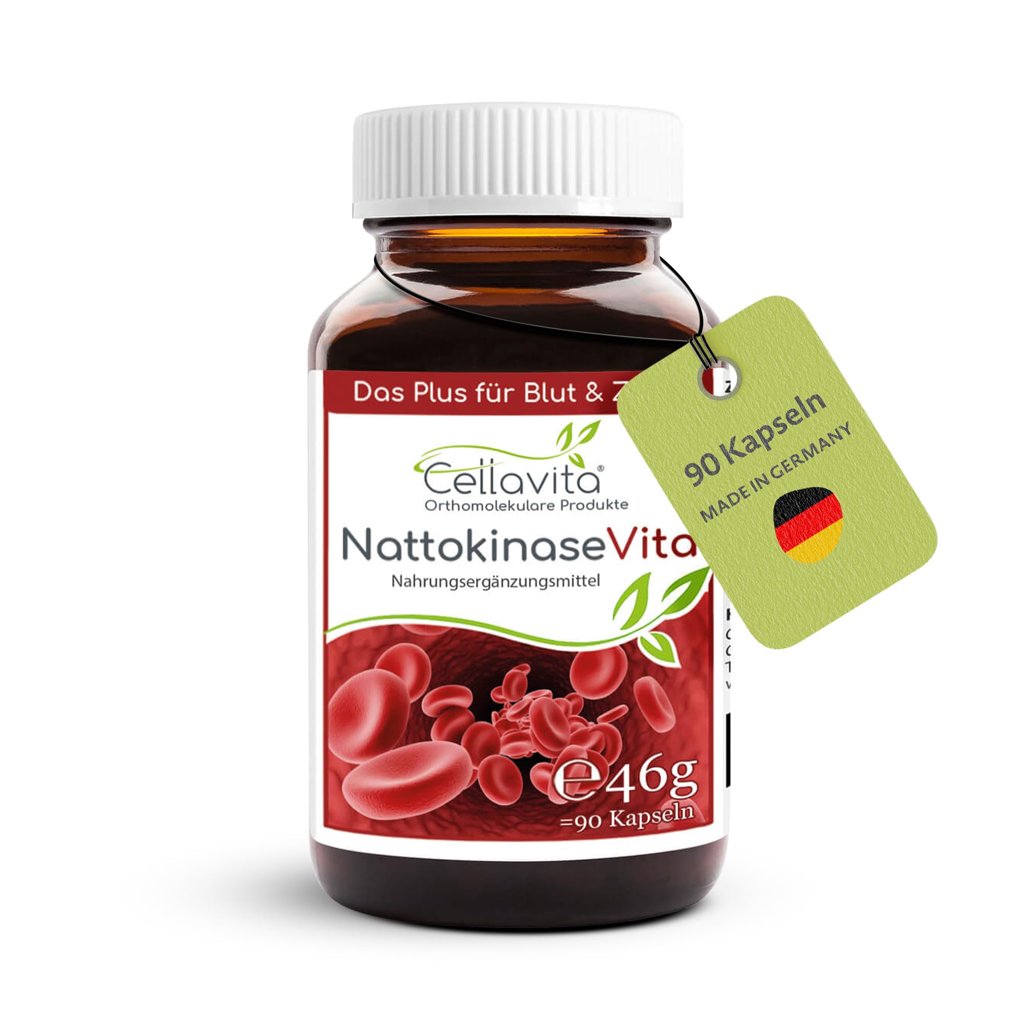 Cellavita – Nattokinase Vita hochdosiert 2000 FU 90 vegane Kapseln im Glas –Calciumlieferant aus Sojafermentation mit Sango Meereskoralle – Nahrungsergänzungsmittel einfach dosierbar & ohne Zusätze