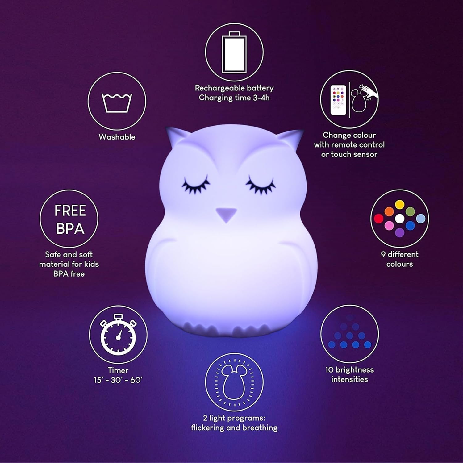 Large Owl Night Lights for Kids Bedside Lamp Children's Room Animal Sleep Night-Light for Girls and Boys - Changeable Brightness & Color Time Setting Child Gift Birthday Present - Large