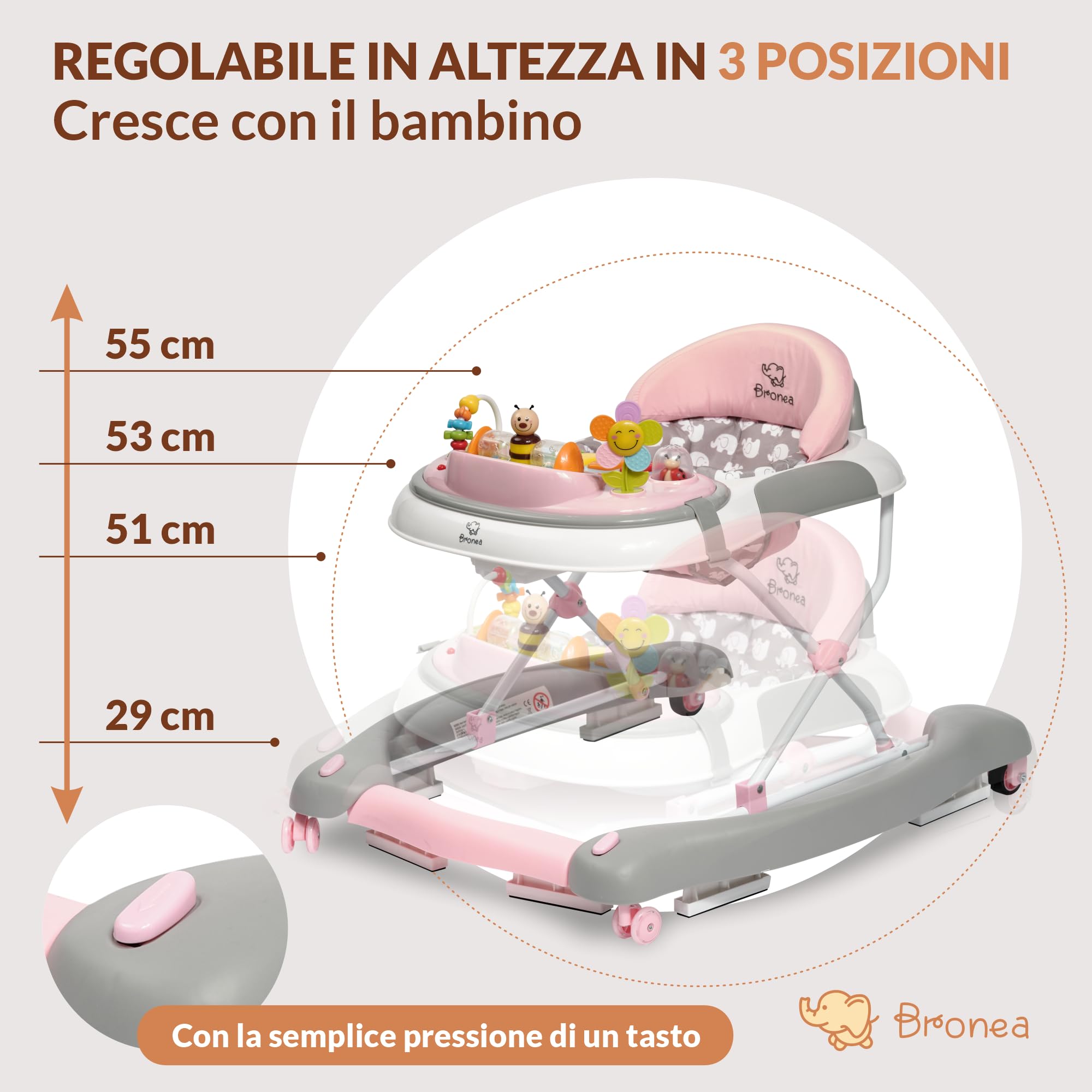 Girello 4-in-1 per Bambini con funzione altalena e pannello di gioco con musica | Regolabile in altezza e pieghevole | Con ruote silenziose e freno