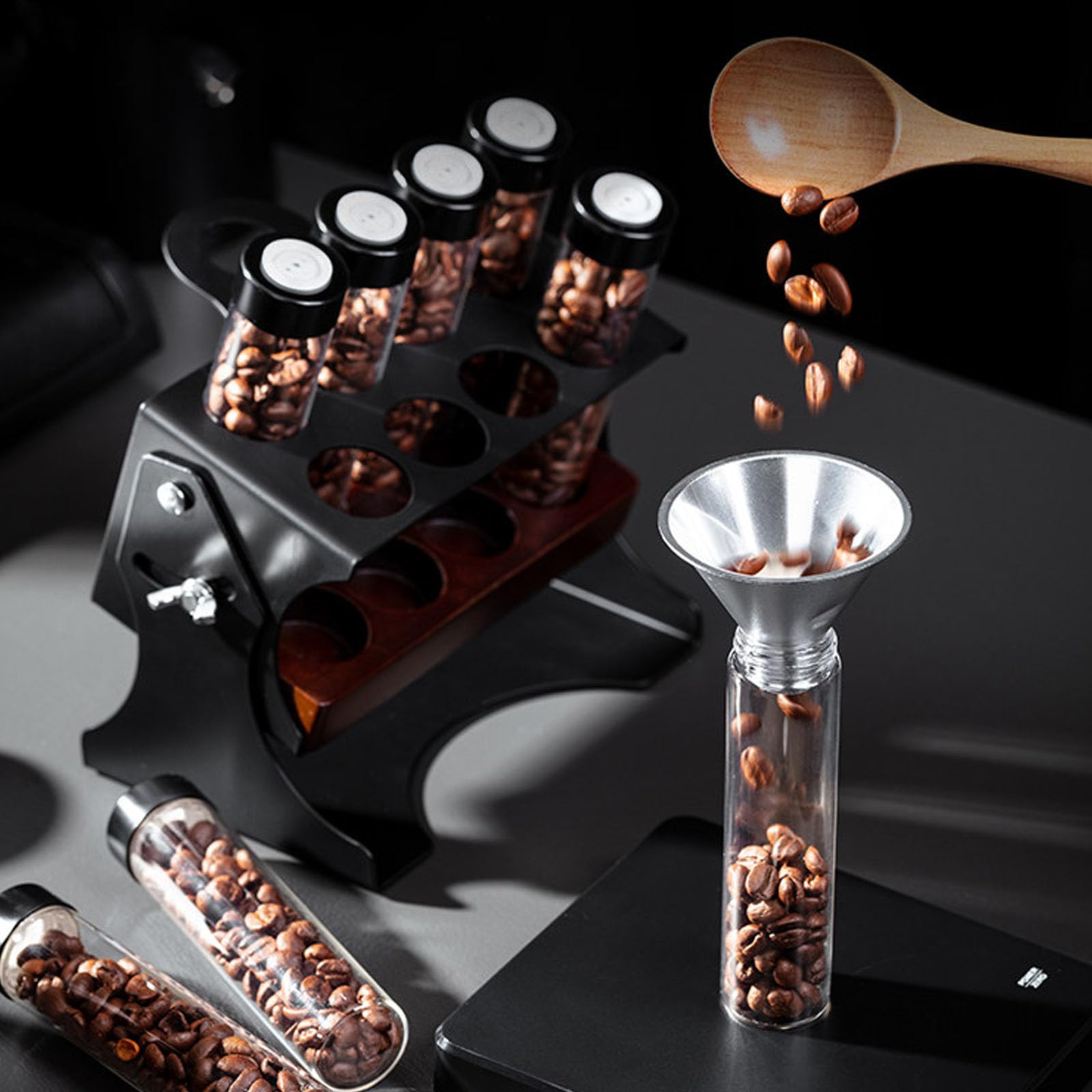 Kaffeebohnen-Aufbewahrungsröhren mit verstellbarem Display-Rack und Trichter, luftdichter Behälter mit Abluftventil, ideal für Kaffeebohnen und Gewürze