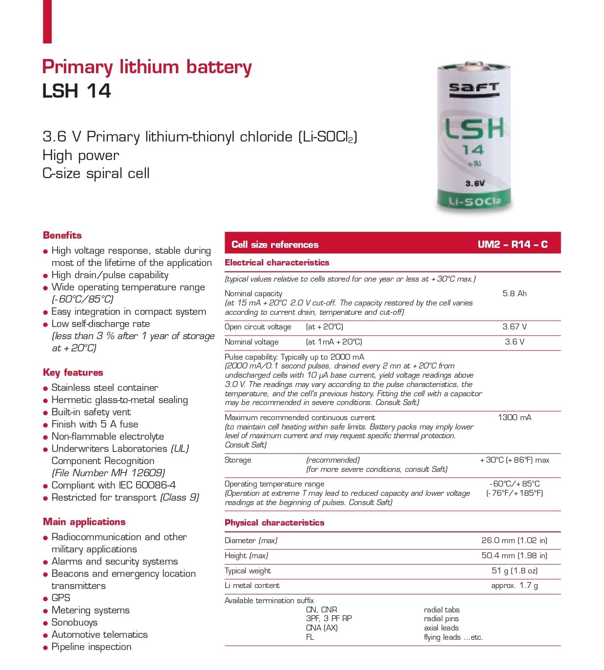 Saft LSH14 Pila de Litio 3.6V 5.8Ah – Tipo C, Li-SOCl₂, Alta Potencia, Pulsos de hasta 2A, Amplio Rango Térmico, para GPS, Seguridad, Telemática y Aplicaciones Críticas (Pack 5 uds)