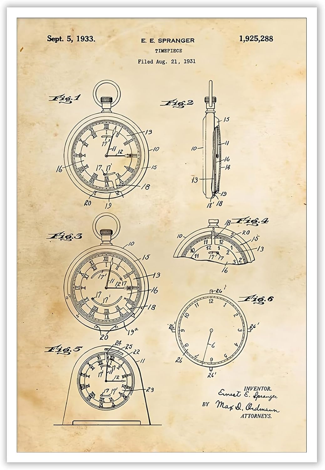 Vintage Clock Face Patent Poster Classic Watch Mechanical Canvas Wall Art 1933s Nostalgic Antiques Watchmaker Gift Prints Painting For Living Room Bedroom Office Wall Decor 24x36in Unframed