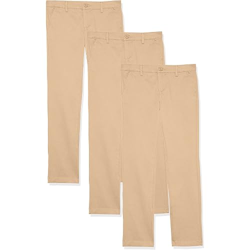 Amazon Essentials Girls and Toddlers' School Uniform Straight Leg Adjustable Waist Flat-Front Chino Pants, Pack of 3