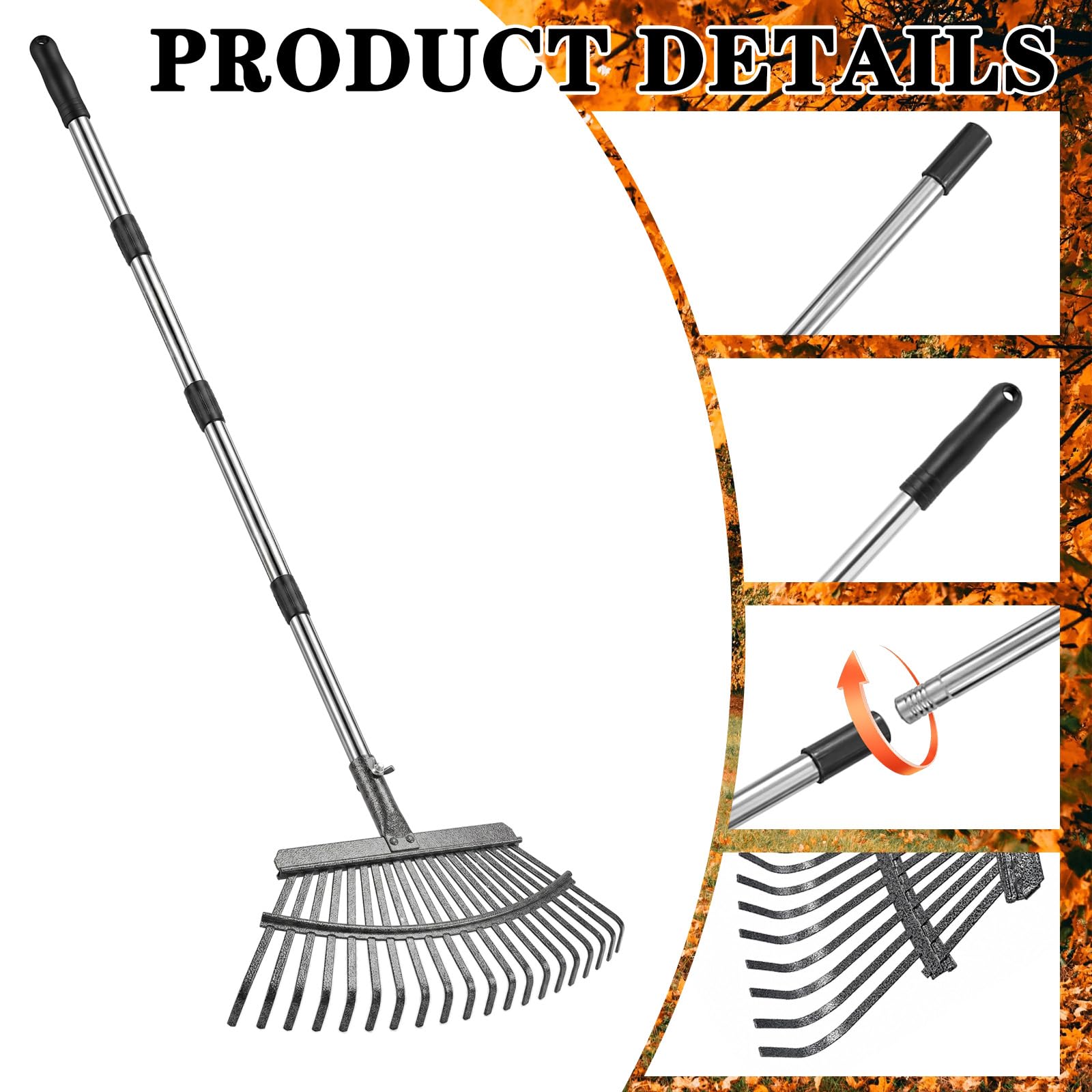 Rastrello da giardino in metallo con manico in acciaio inox da 180 cm, rastrello per foglie, per giardino, prato, arbusti, erba, pacciame, robusto