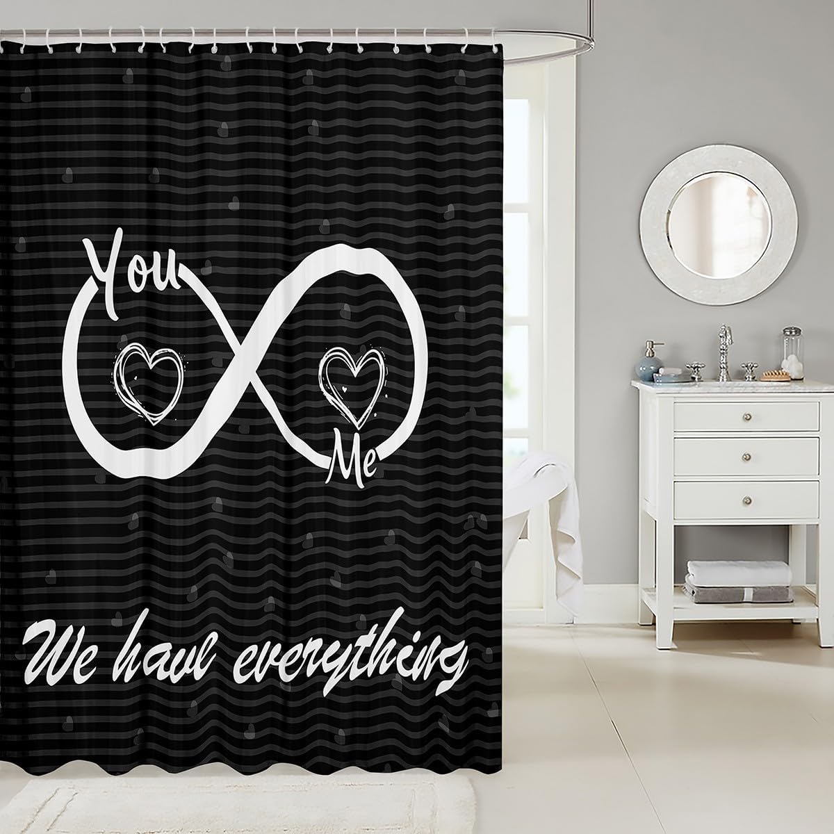 You and Me Shower Curtain with Hooks Funny Quotes Shower Curtain Mr Mrs Bath Curtain for Men Women Couple Lover Black Red Creative Valentine Day Gift Waterproof Cloth Fabric Bathroom Decor 72x78 Inch