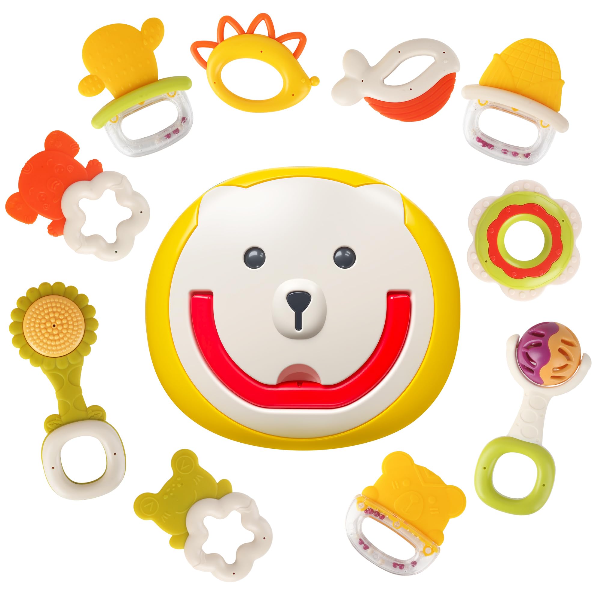 10 Piezas: Sonajero Bebé 0-3 Meses, Mordedor y Juguetes Bebés 6-12 Meses | Plástico y silicona suave sin BPA, asas para manos pequeñas y caja de oso para guardar y transportar;ideal en casa y de viaje