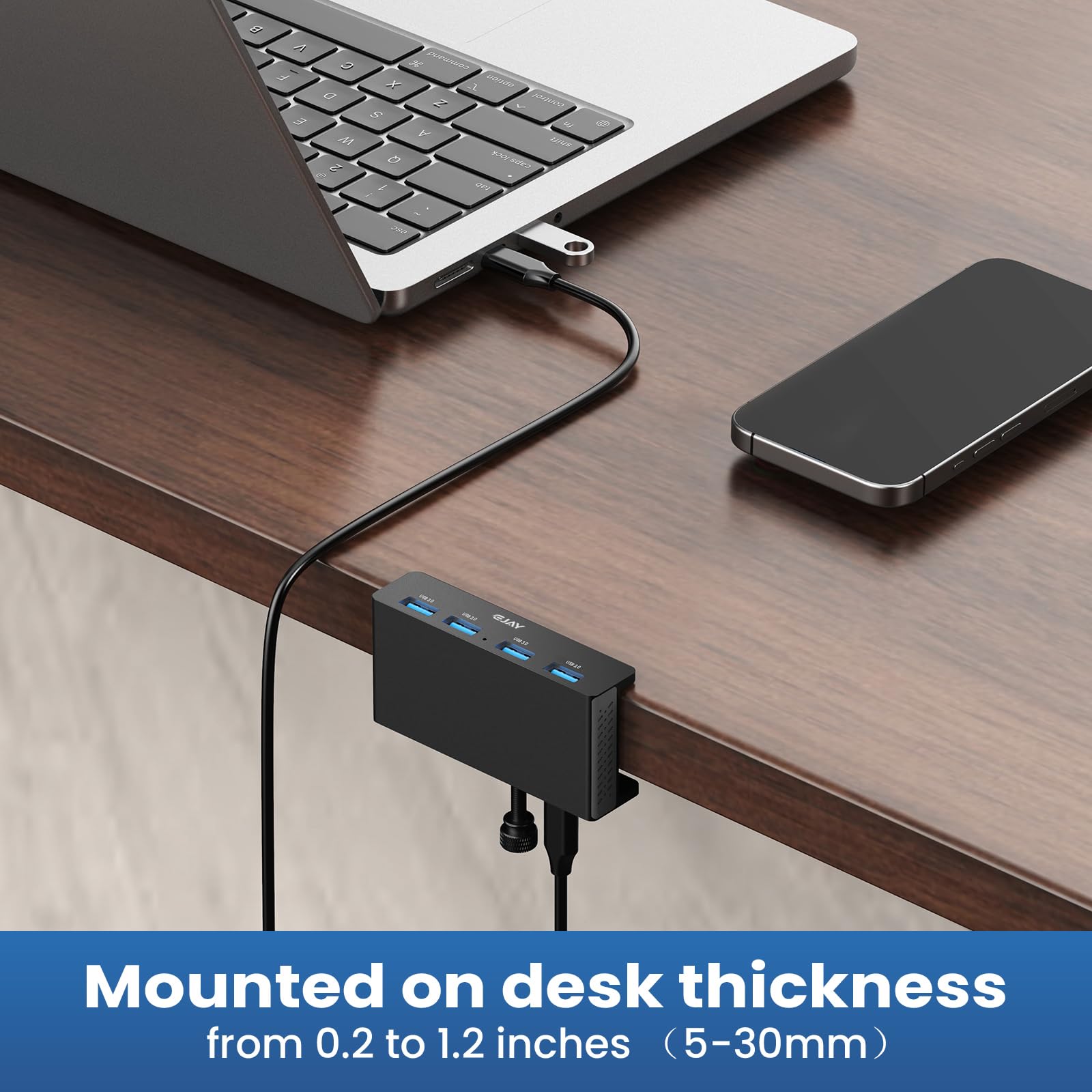 EJAY 4 puertos USB 3.0 HUB abrazadera de aluminio divisor USB 3.0 para escritorio/monitores con puerto de fuente de alimentación adicional, datos de 59 pulgadas y cables de alimentación de 39
