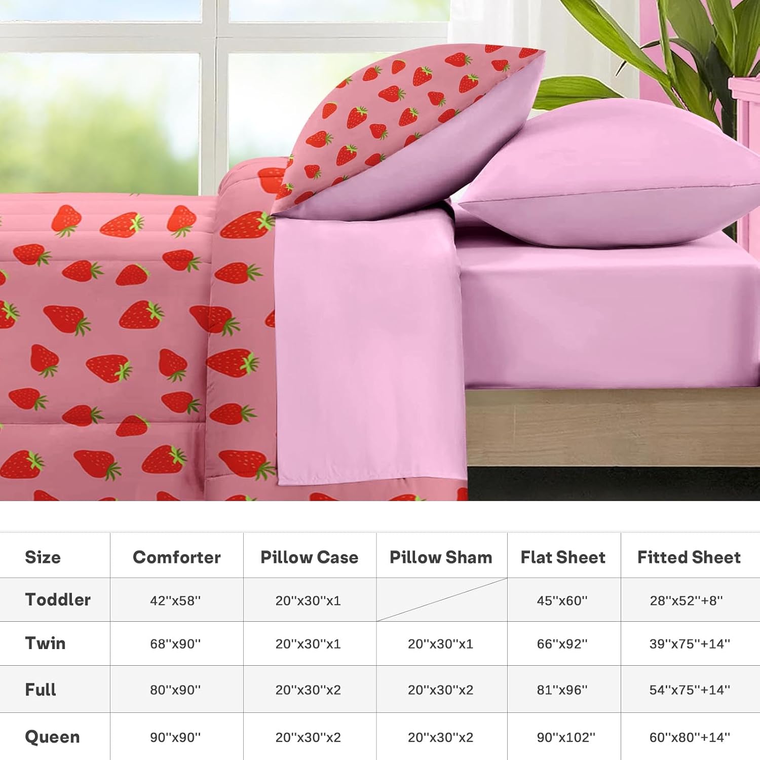 Nesker 7 Pcs Comforter Set Full Size, Sweet Pink Fruit Bedding for Kids Teen, Cute Strawberry with Fitted Sheet 2 Pillowcases & 2 Shams for Bedroom Bed Decor - Image 7