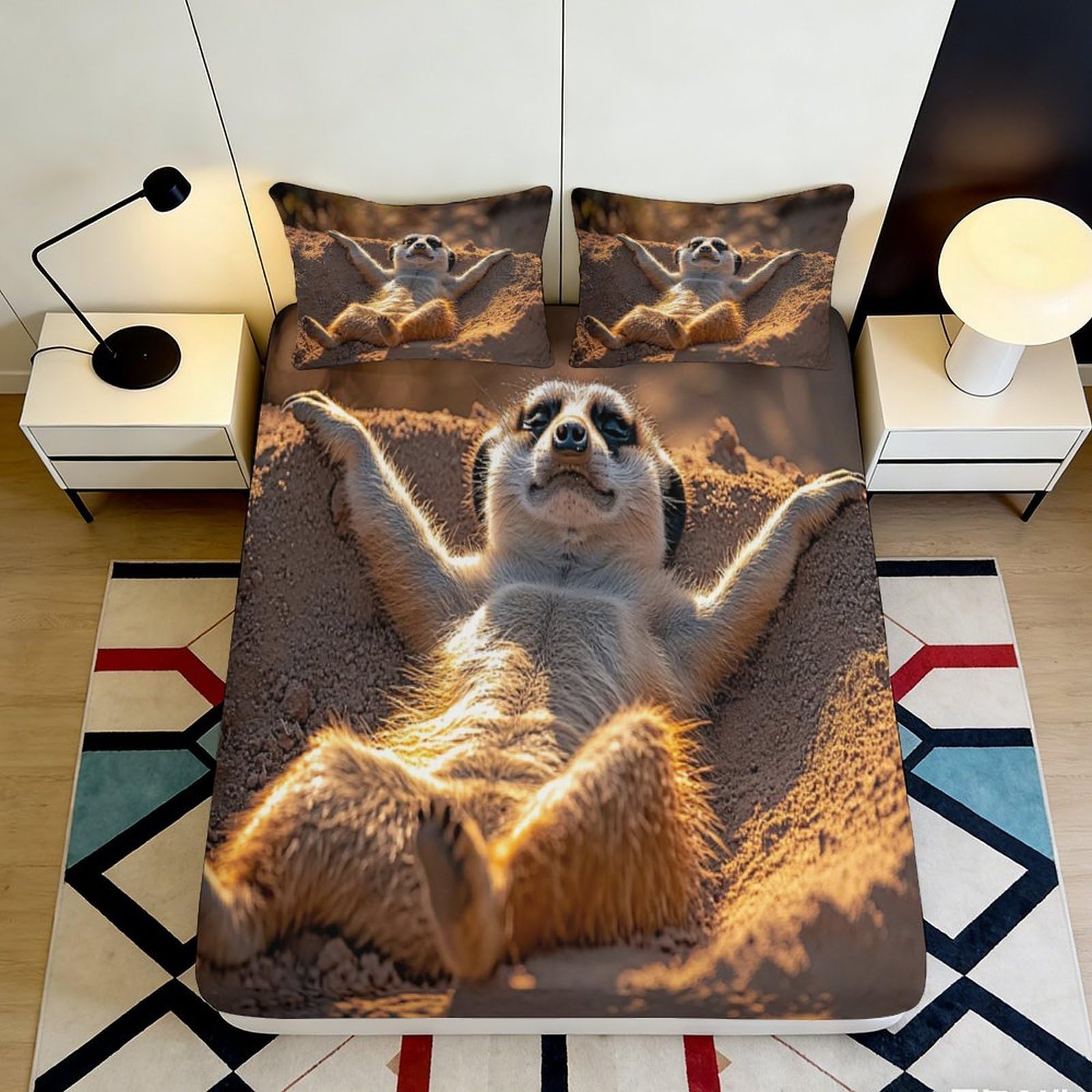 Uynsixtme Style-3 3D Printed Meerkat Pattern Fitted Sheet Microfiber Deep Pocket Non-Slip Bedroom Bedding Meerkat Mattress Fitted Cover Full Wrap Washable For Adults 140X200x25cm
