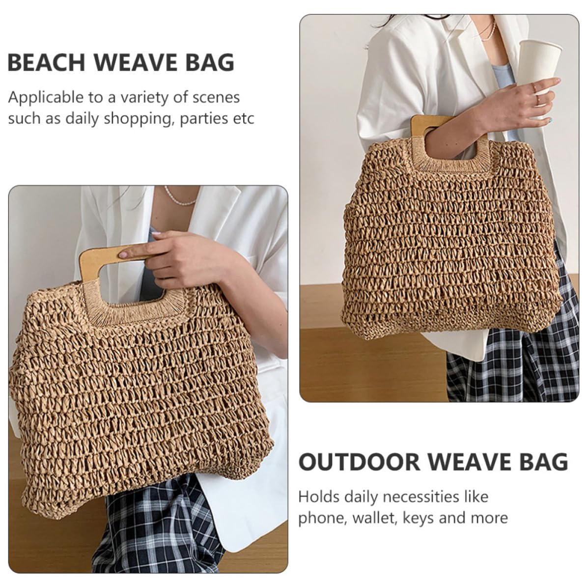Bolso de Playa Tejido a Mano al Crochet, Bolsa de Almacenamiento Portátil, Gran Capacidad, Ligero, Color Caqui, para Mujer, Compras Diarias y Vacaciones Playa
