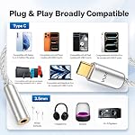 VUM USB-C à 3.5mm Casque Jack Hi-Res DAC & AMP Adaptateur audio double puce 32 Bit/384kHz DAC,CX31993&MAX97220 Chipset,8N OCC Câble plaqué argent,24K Connecteur plaqué or,TTRS HD Mic Entrée prise en charge