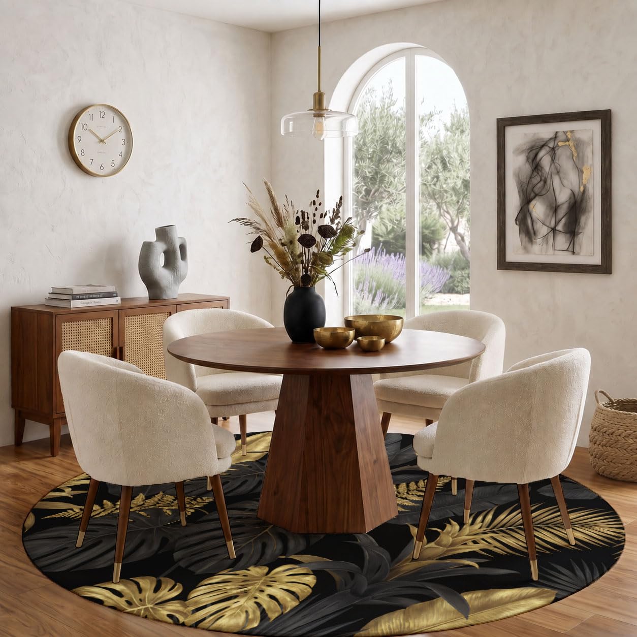Tapis de Salon Rond Ø 160 cm Tapis de Chambre Feuilles Tropicales Poil Court Doux Decoratif Palmier Monstera Deliciosa Antidérapant Lavable pour Salon, Chambre, Salle a Manger