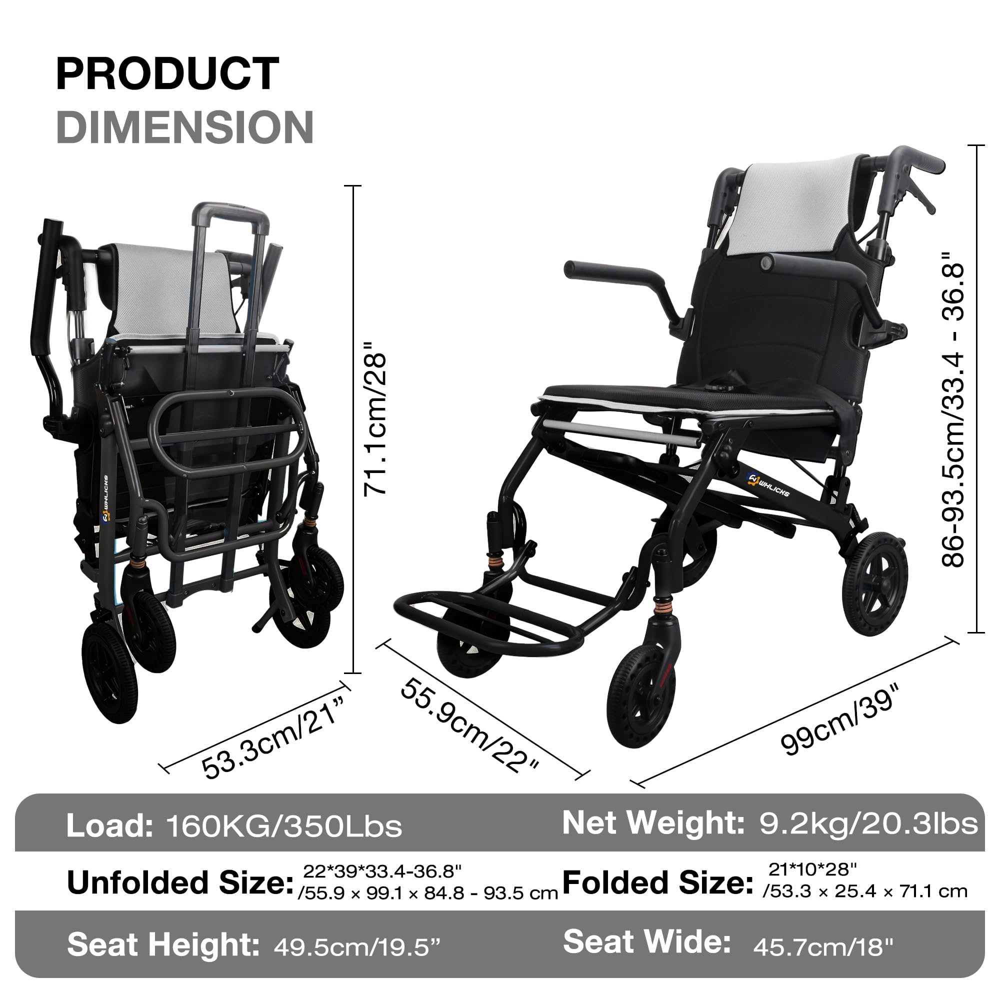 Fauteuils roulants pour adultes fauteuil de transport léger et pliable avec poignée télescopique, largeur d'assise de 46 cm. Fauteuils roulants pliables et portables pour les personnes âgées.