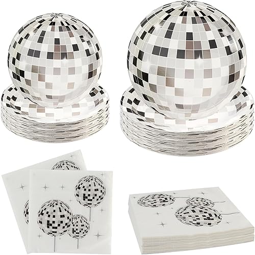 60 suministros de fiesta de discoteca, incluye 40 platos de papel para fiesta de discoteca, 20 servilletas, platos de postre con temática de bola de