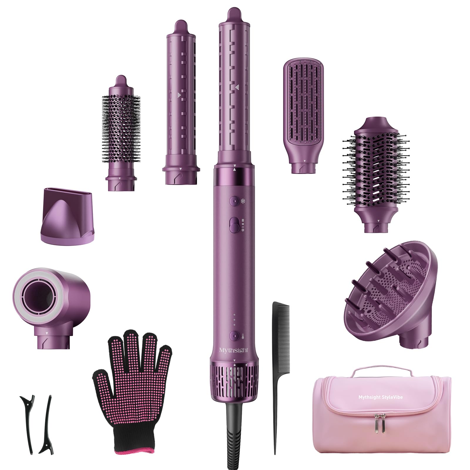 Mythsight StyleVibe 8-in-1 Air Styler, Diffuser Hair Dryer &amp; Blow Dryer Brush with Travel Bag - Auto Wrap Curls(L/R), Fast Drying, Thermal Brush for Smooth Blowouts &amp; Frizz-Free Volume, No Heat Damage