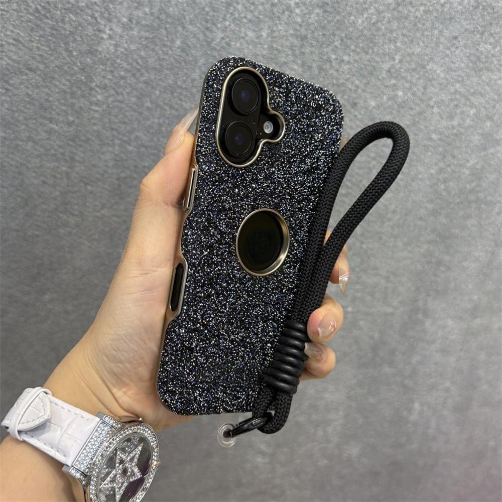 Etui z błyszczącymi diamentami i kryształkami do iPhone'a 12 13 14 15 16 Pro Max Plus, błyszczące, wstrząsoodporne, z paskiem na nadgarstek i osłoną na przewód, czarne, do iPhone'a 15