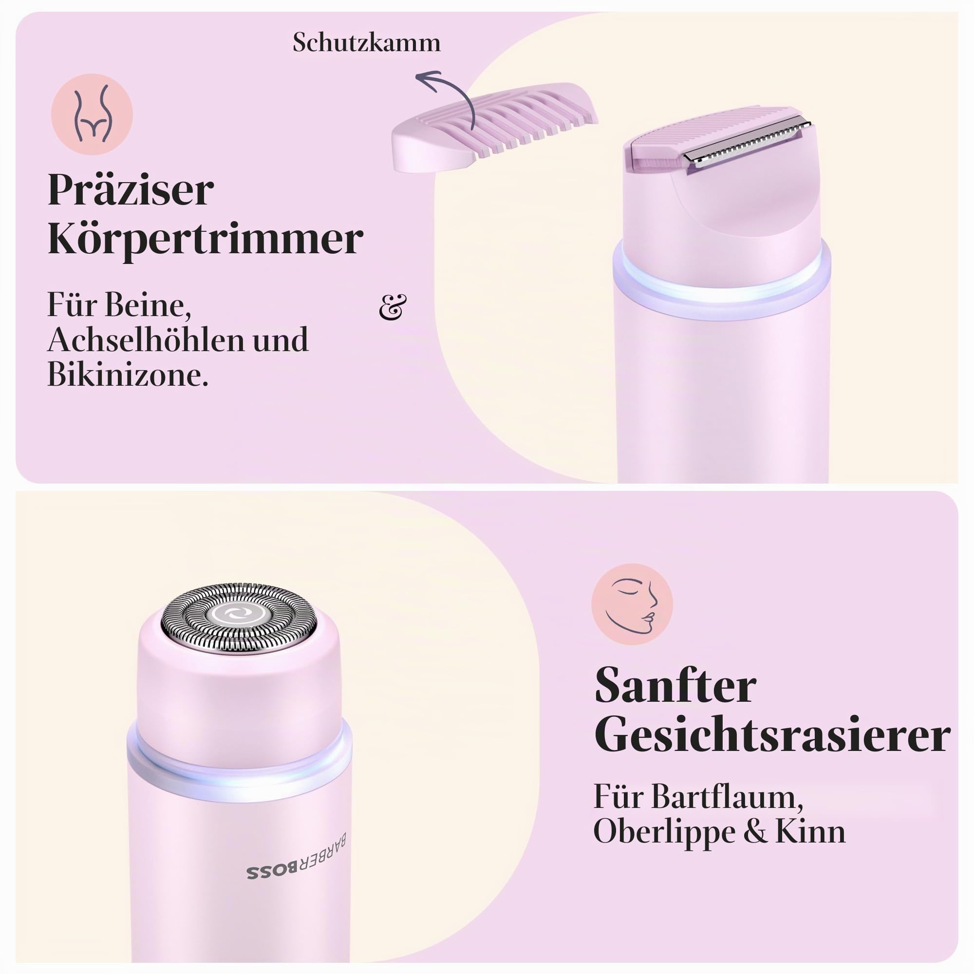 BarberBoss 2-in-1 Damenrasierer für Frauen, Bikini- & Gesichtshaarentferner, Doppelkopf Körper- und Gesichtstrimmer (Rosa) | Bikini- & Gesichtshaarentferner-Kit, Doppelkopf-Gesichts- und Körper-Trimmer, Präzisionslicht, Wiederaufladbar