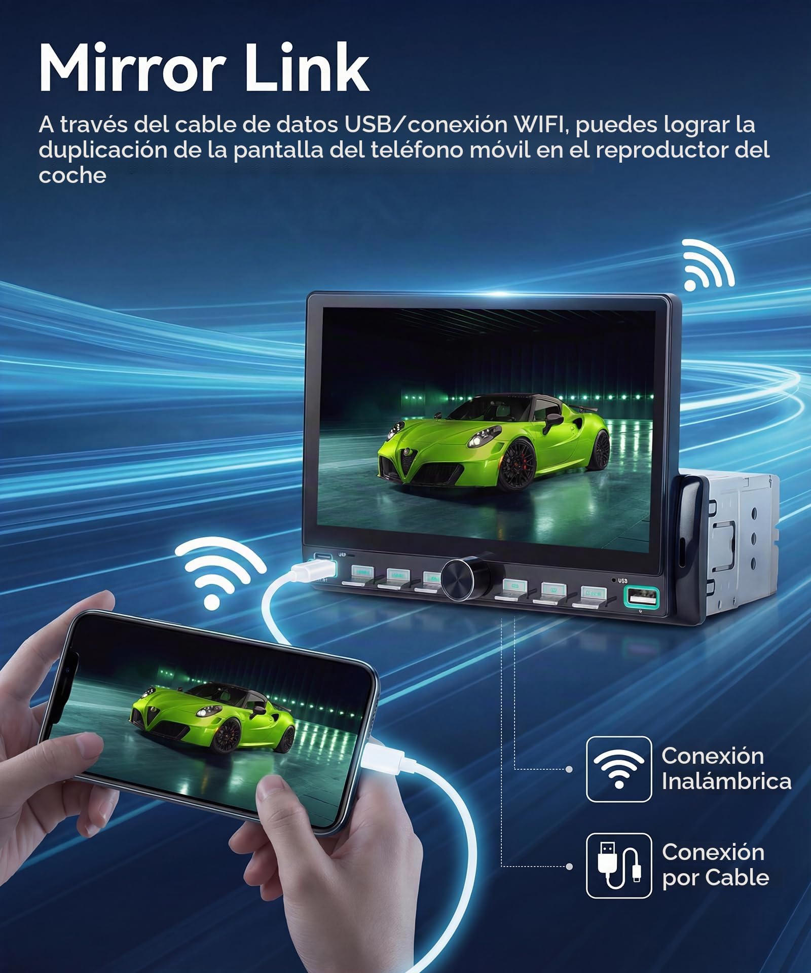 Rimoody Radio de Coche 1 DIN con Inalámbrico Carplay You-Tube Android Auto, 7 Pulgadas Pantalla Táctil Radio Coche iOS/Android Mirror Link Bluetooth FM Radio USB/EQ Control del Volante Cámara Trasera