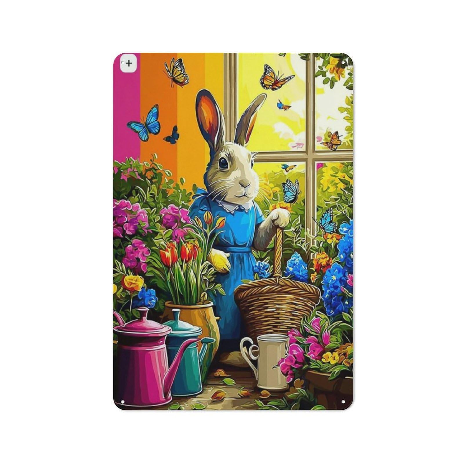 Junmoney Garden Bunny With Colorful Flowers Metal Wall Sign 30X20cm Featuring For Pub Or Café, For Pub Decor Enthusiasts, For Retro Home Interiors