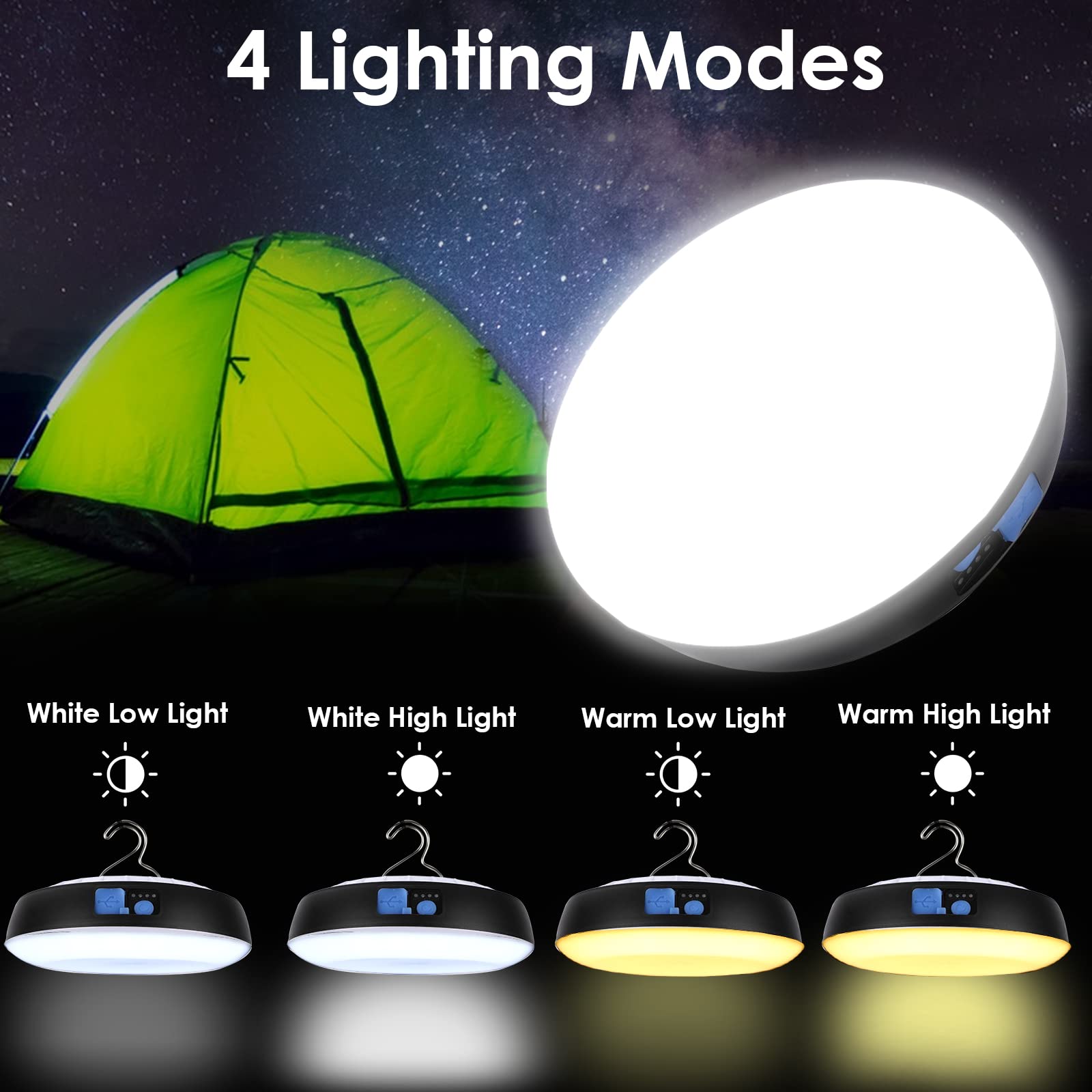 Lampada da campeggio a LED solare, Luce per Tende Ricaricabili USB con gancio, Lanterna da Campeggio Luce Esterna Magnetico Tenda luminosa con telecomando 6 modalità per Campeggio Escursionismo