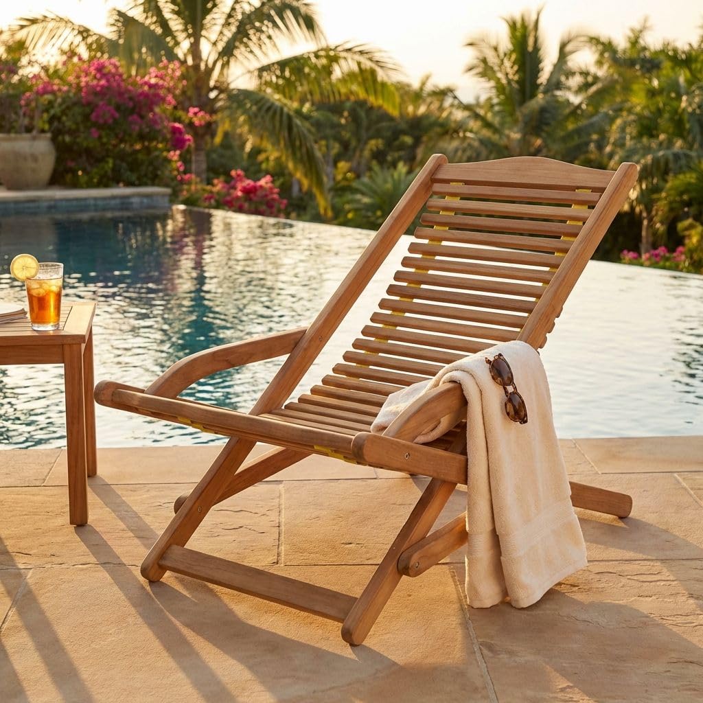 milani home - sdraio pieghevole in teak e corda con braccioli, seduta relax per giardino e terrazzo