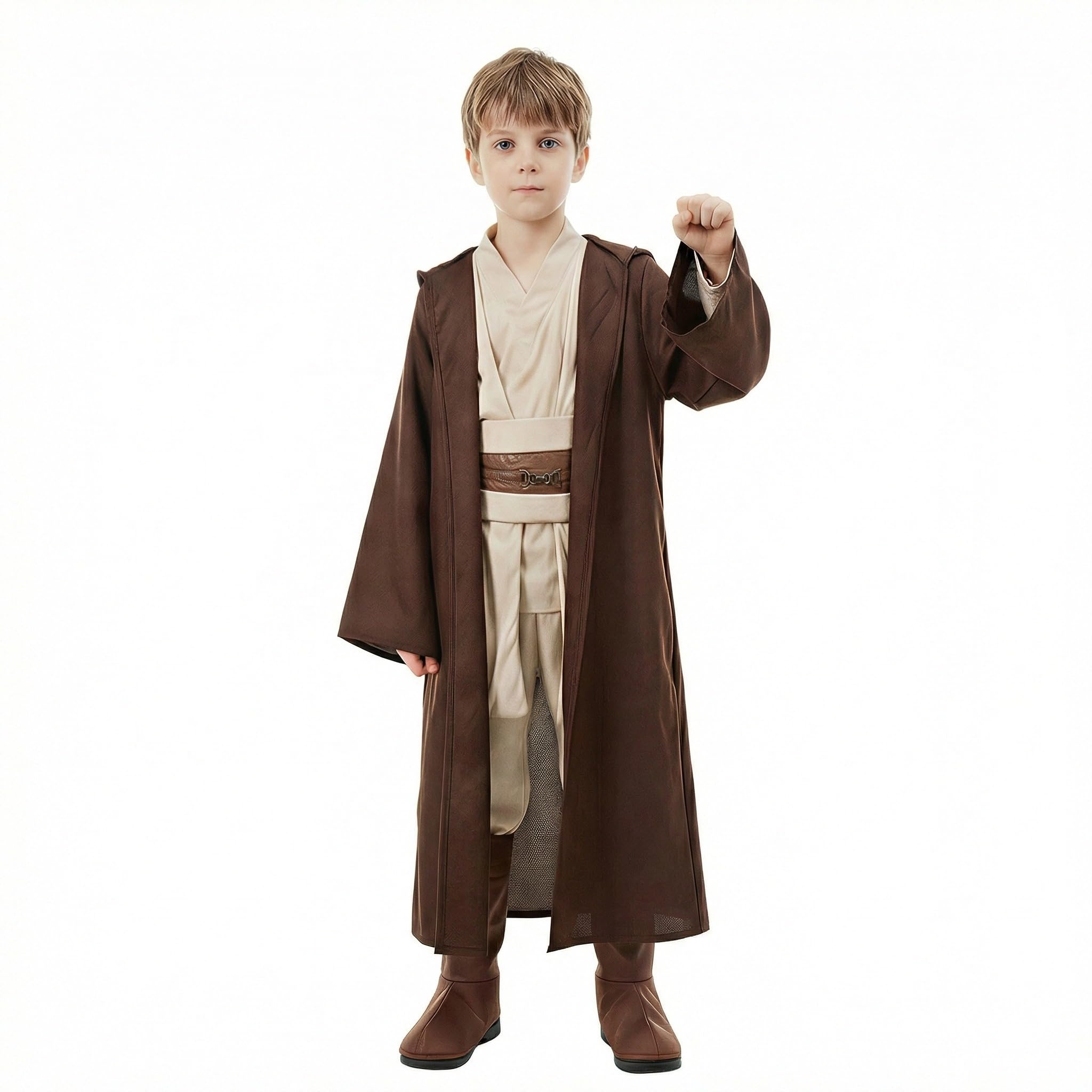 shyhand Knight Costume Kids Robe Knight Fancy Dress 4Pcs Tunic Hooded Cape Pants Belt Child Cosplay for Halloween (Brown, X-Large)