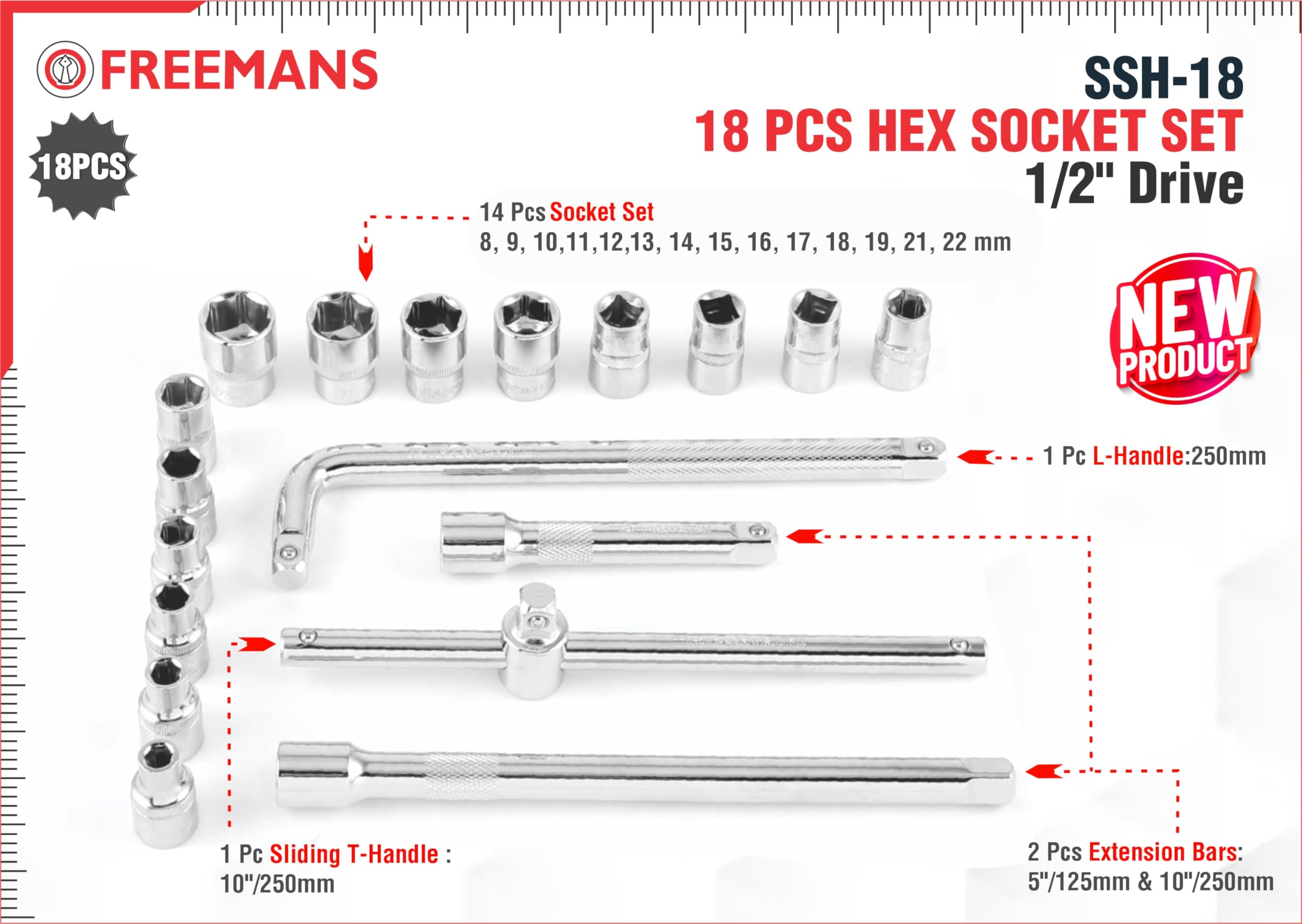 FREEMANS 1/2" Square Drive 18 Pieces HEX Sockets set With Carry Box, Chrome Vanadium Steel, Use for Home & Industrial || Professional Automobiles || Bike || Car Repair Tool Kit || 1 Year Warranty 1