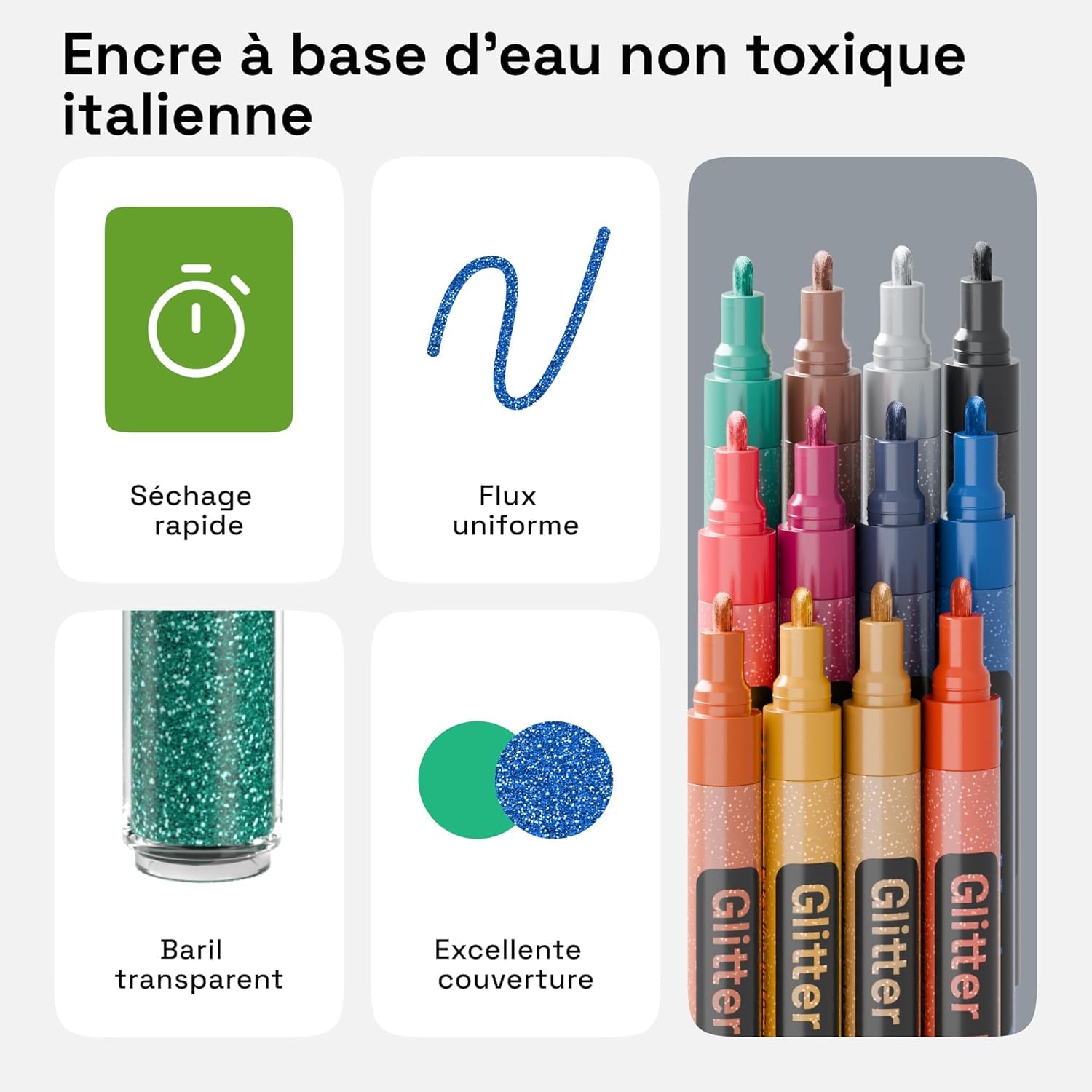 Artistro - 12 Penne Glitterate Per Pittura Su Roccia, Legno, Vetro, Tessuto - Inchiostro Acrilico Lucido, Punta Fine 3mm