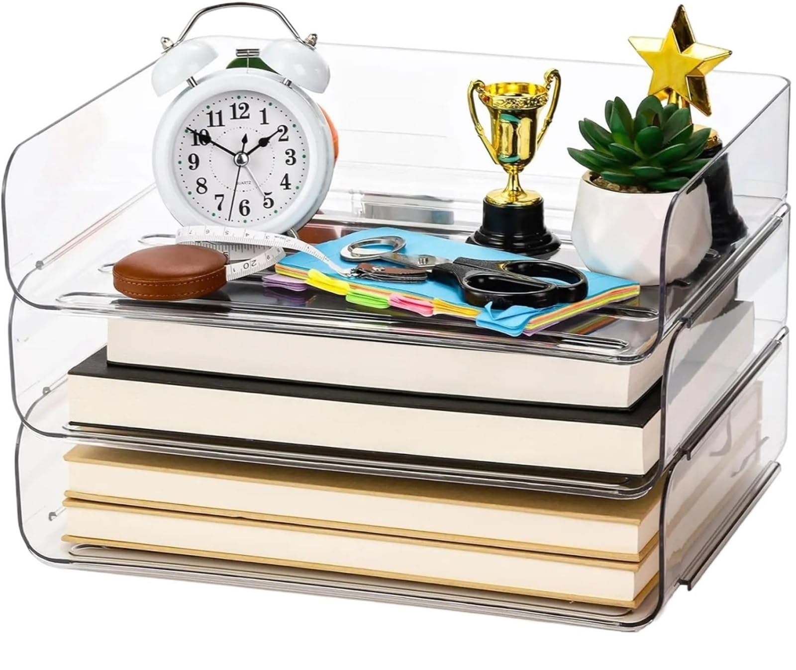 3Pcs Stackable Paper Trays, Clear Desk Letter Tray Set, 3 Tier File Document Organizer for A4, Magazine, Receipts Desk Organiser Tray