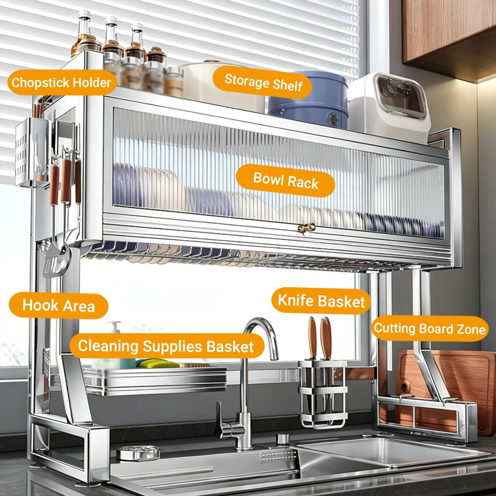 inless - Scolapiatti da lavello in acciaio – Nizer chiuso con anta dell'armadio, Lar Kitchen Sto per piatti, sils e ciotole (87 x 28,5 x 80 cm)