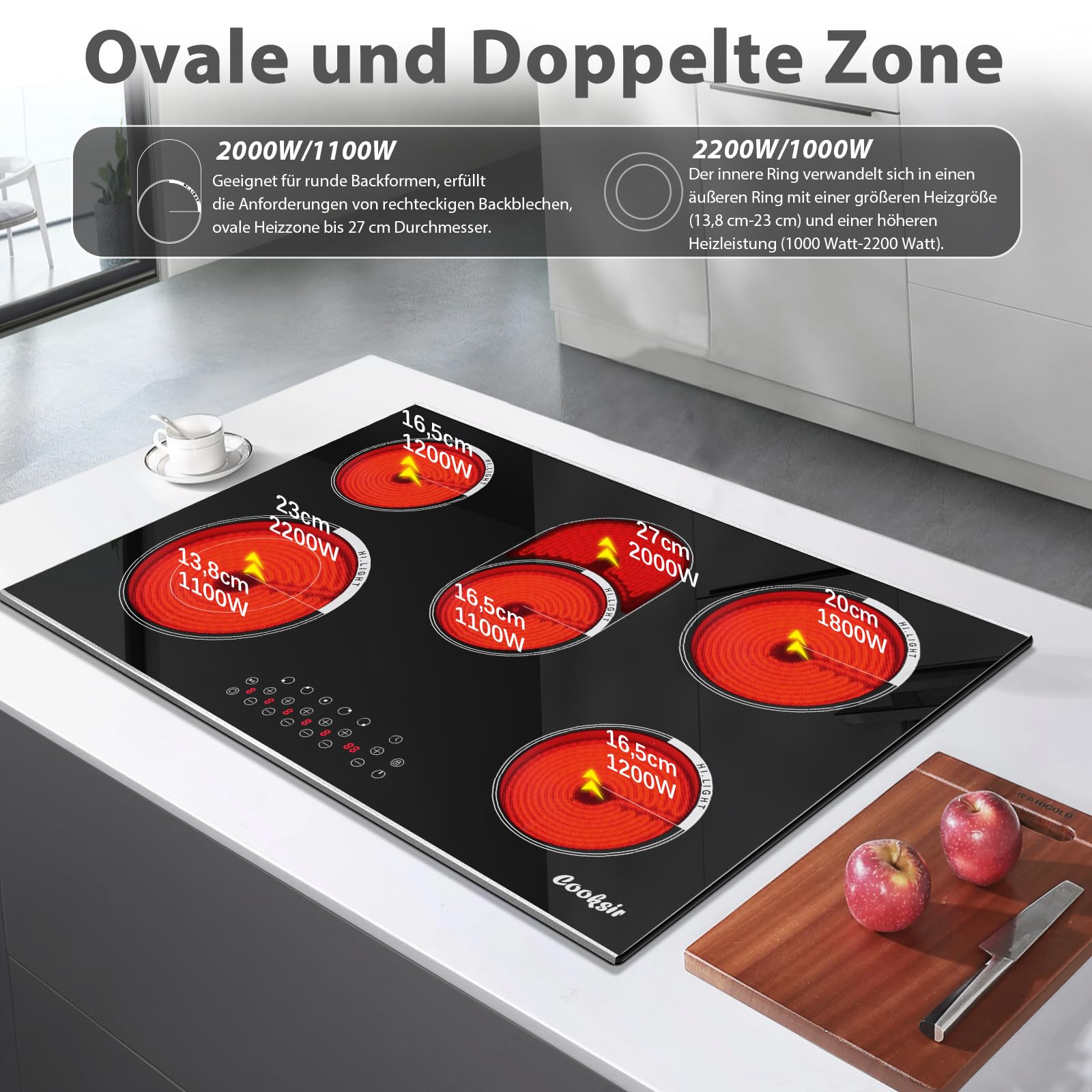 Płyta witroceramiczna z 5 palnikami, ciepła na podczerwień, 8400 W, 77 cm, do zabudowy elektrycznej płyty kuchennej, strefa owalna do grillowania, szkło ceramiczne, timer, 220 V, 50 Hz