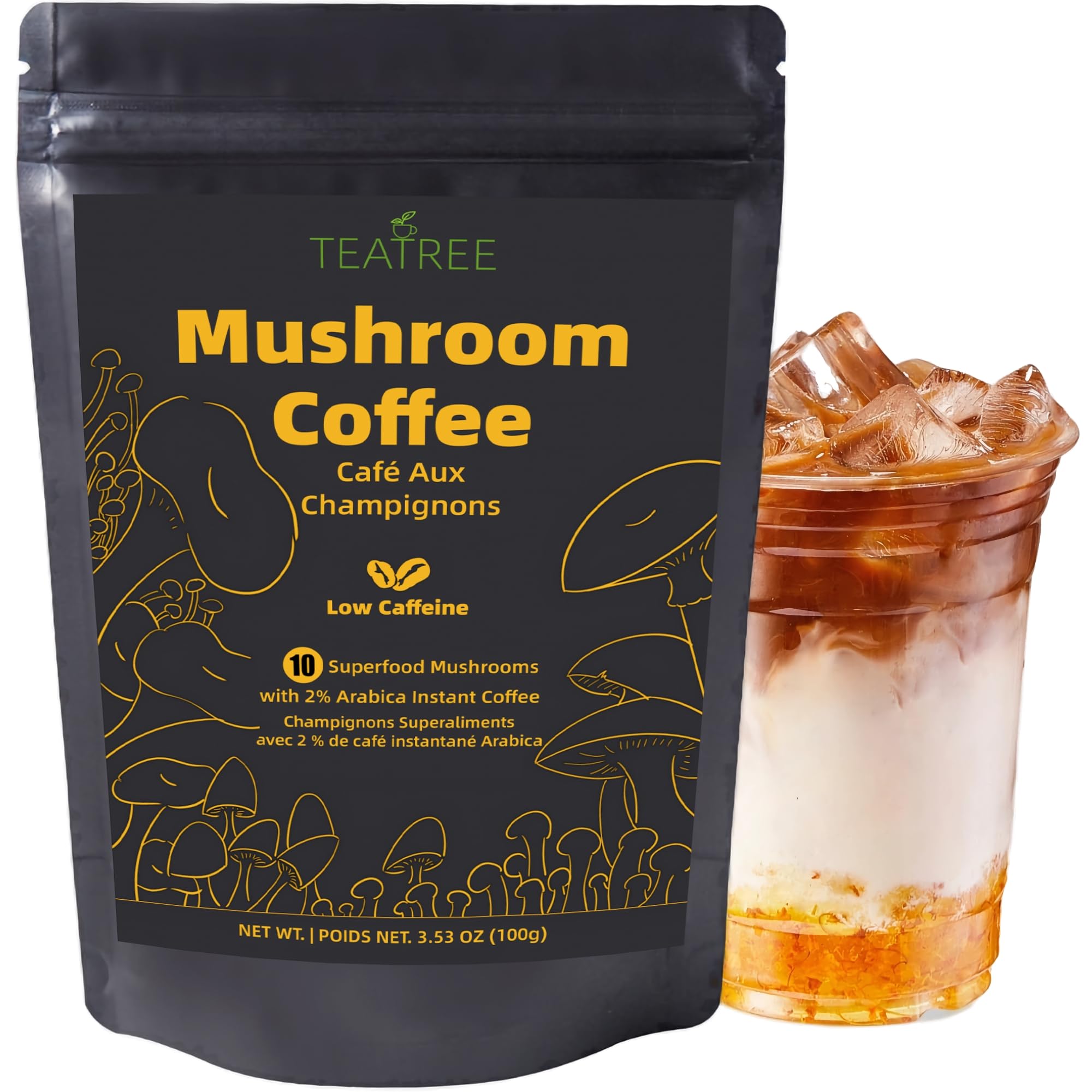 TEATREE Mushroom Coffee (3.53 oz / 100g), 10 Superfood Mushrooms Powder Blend Instant Coffee for Energy, Focus, Coffee Substitute Low Caffeine